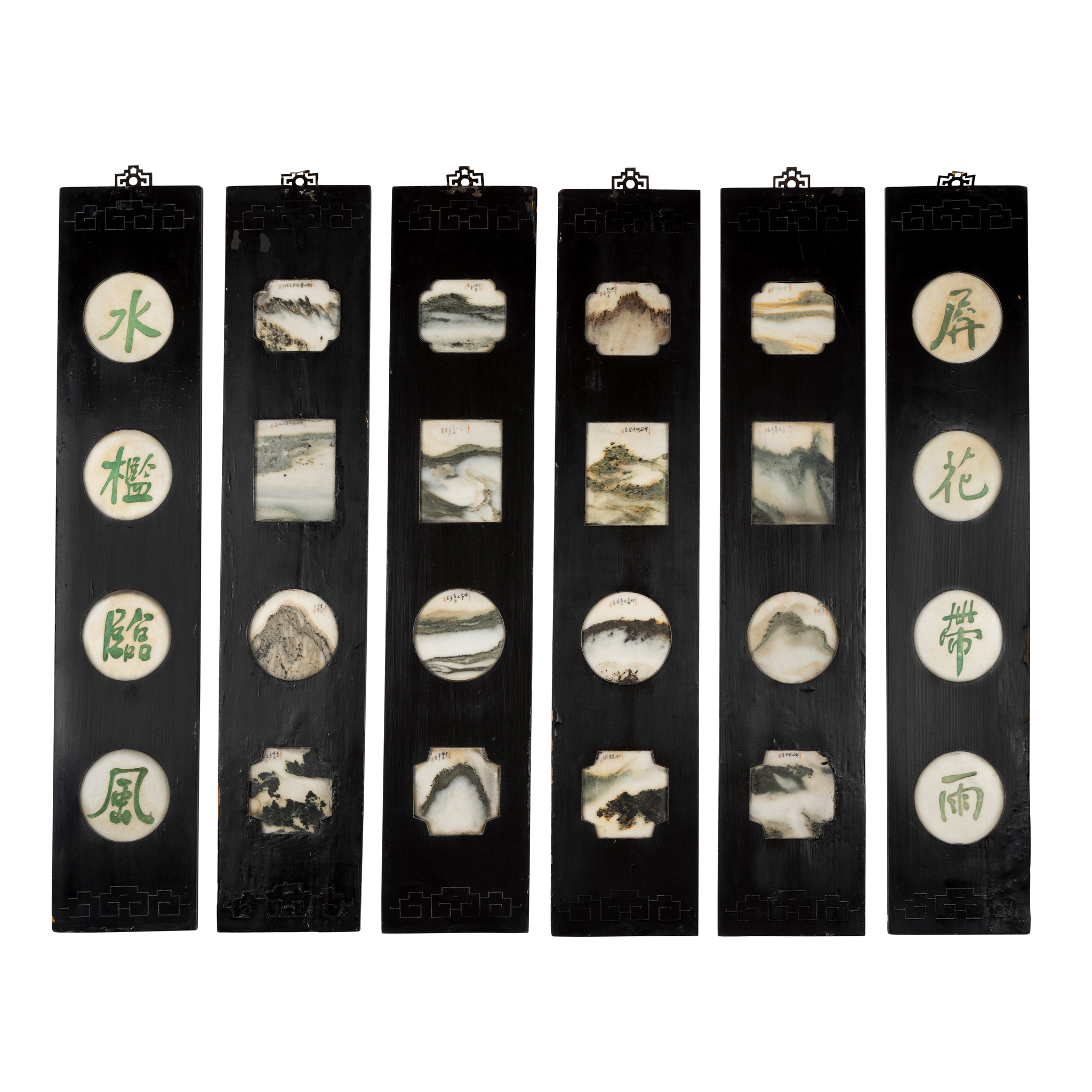 SET OF SIX CHINESE MARBLE INSET 'LANDSCAPE' PANELS