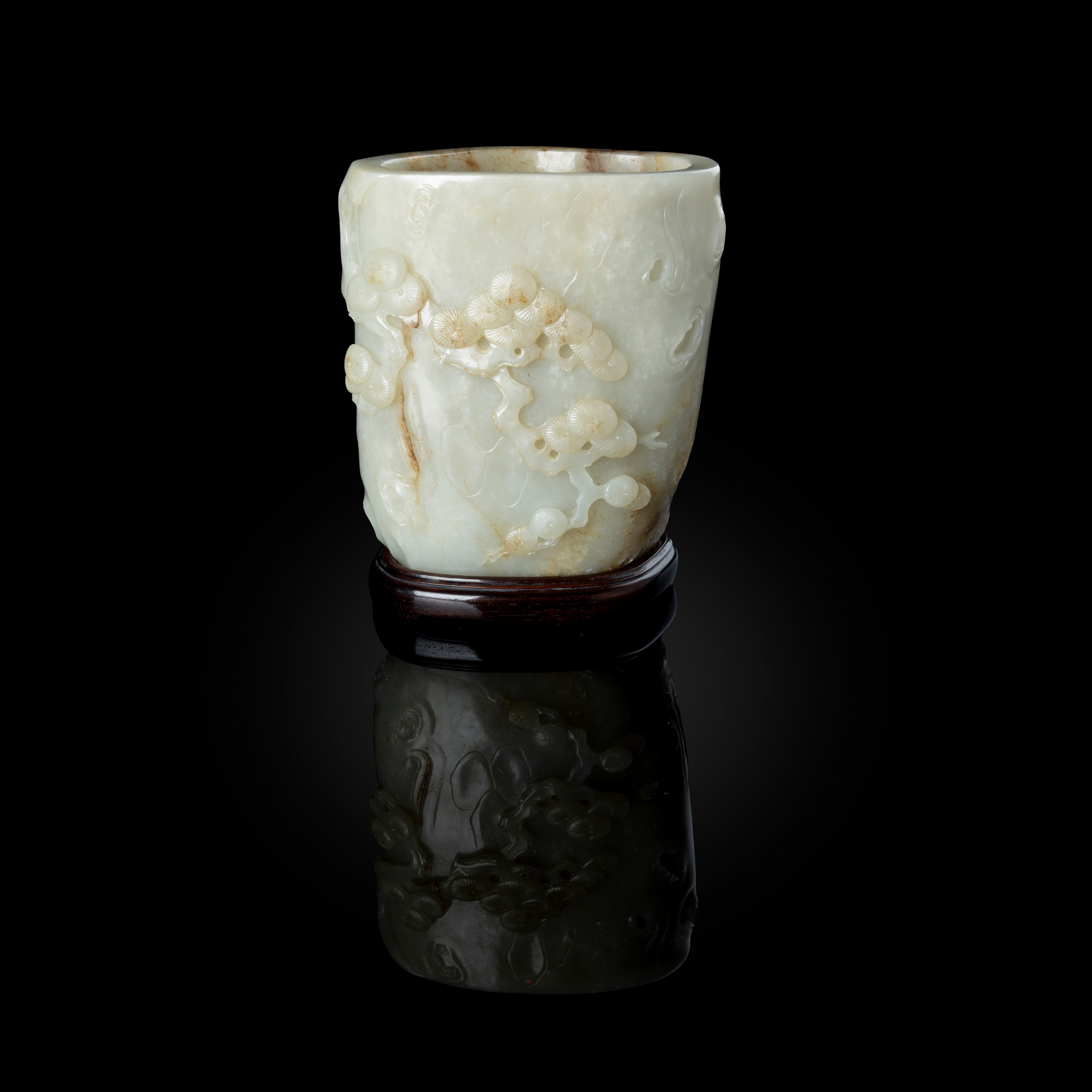 LARGE CHINESE WHITE JADE WITH RUSSET SKIN 'PINE TREE' BRUSH POT