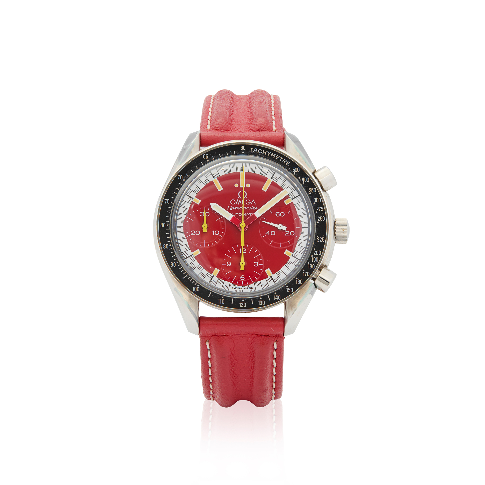 Omega. A stainless steel automatic chronograph wristwatch with red dial