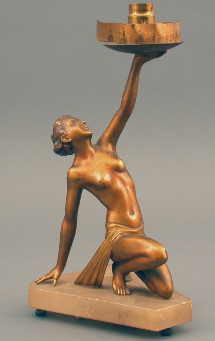 An Art Deco patinated spelter lamp base