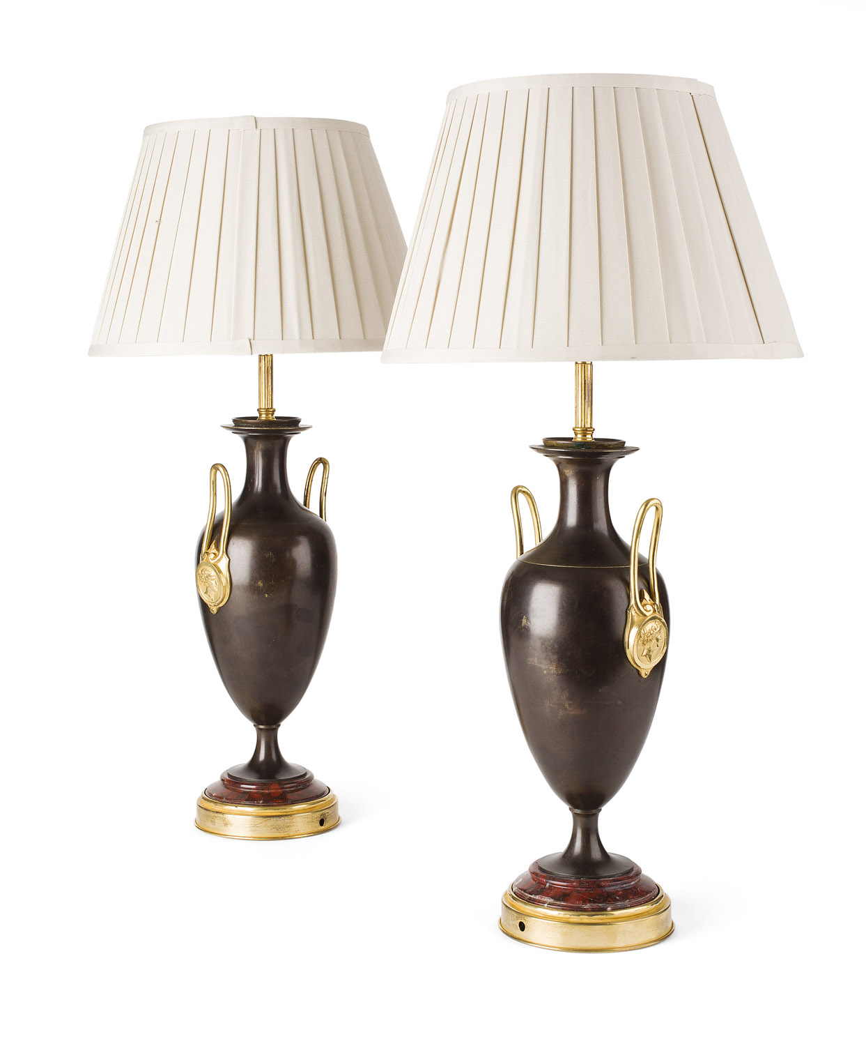 PAIR OF GEORGE IV PATINATED AND GILT BRONZE OIL LAMP BASES