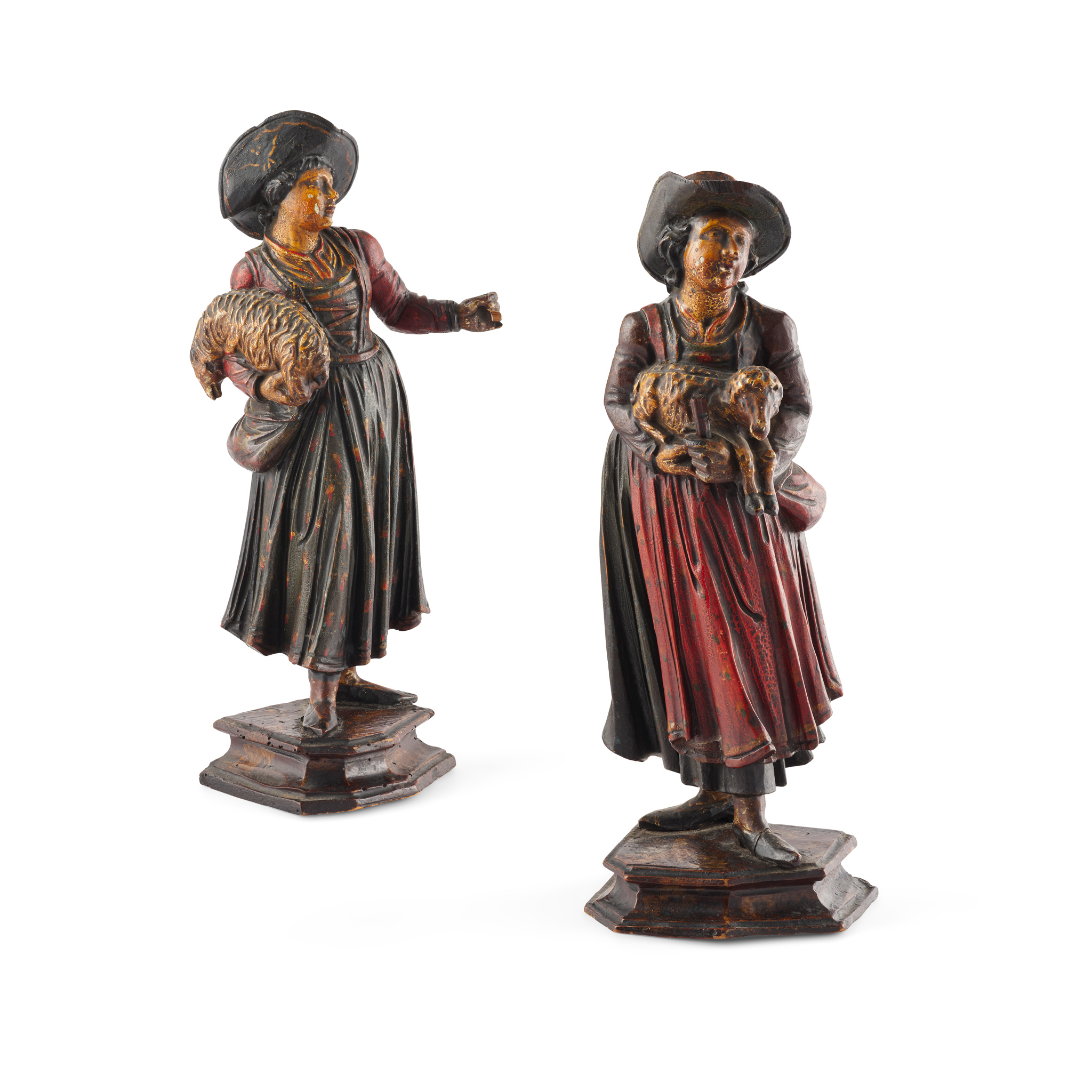 PAIR OF AUSTRIAN CARVED AND POLYCHROMED FIGURES OF SHEPHERDESSES