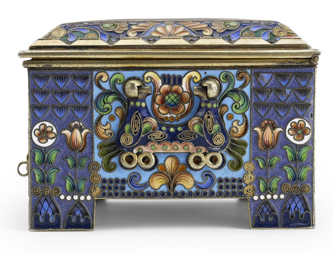 A fine Russian silver-gilt cloisonné and en-plein enamel jewel box