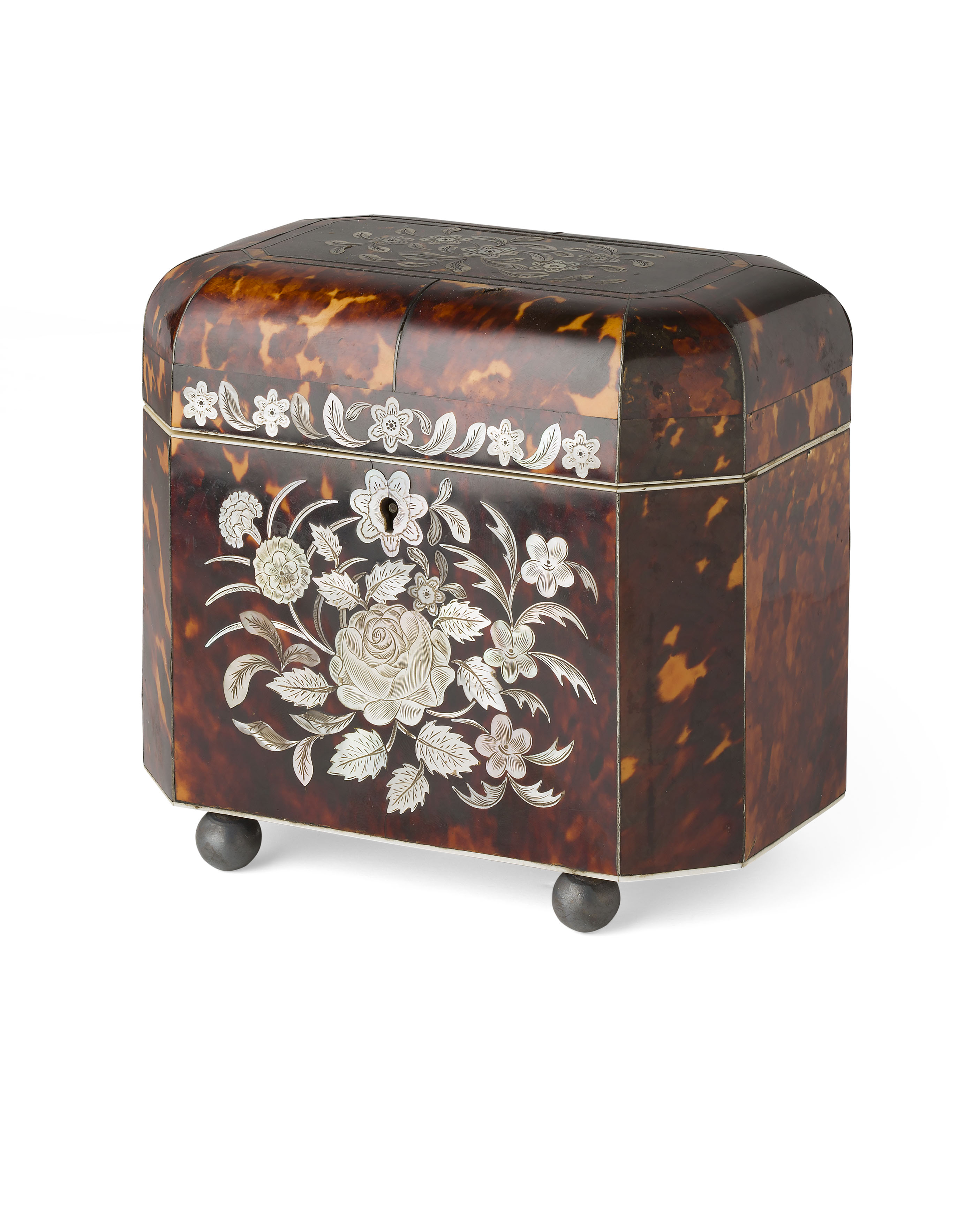 REGENCY TORTOISESHELL AND MOTHER-OF-PEARL INLAID TEA CADDY