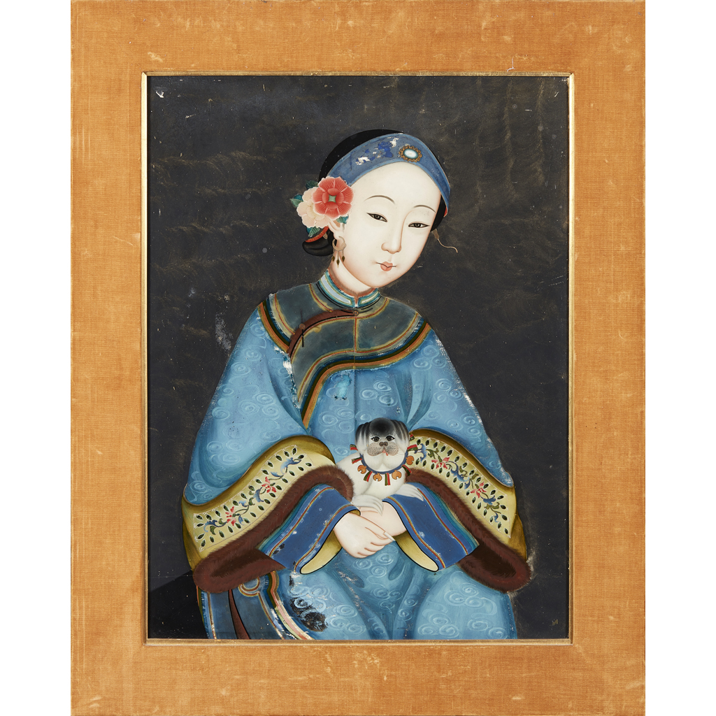 REVERSE GLASS PAINTING OF A LADY HOLDING A PUPPY