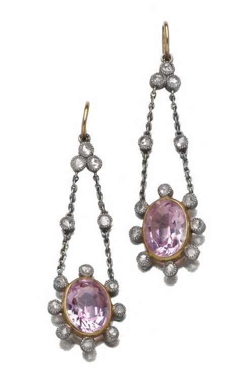 A pair of pink topaz and rose cut diamond pendant earrings,