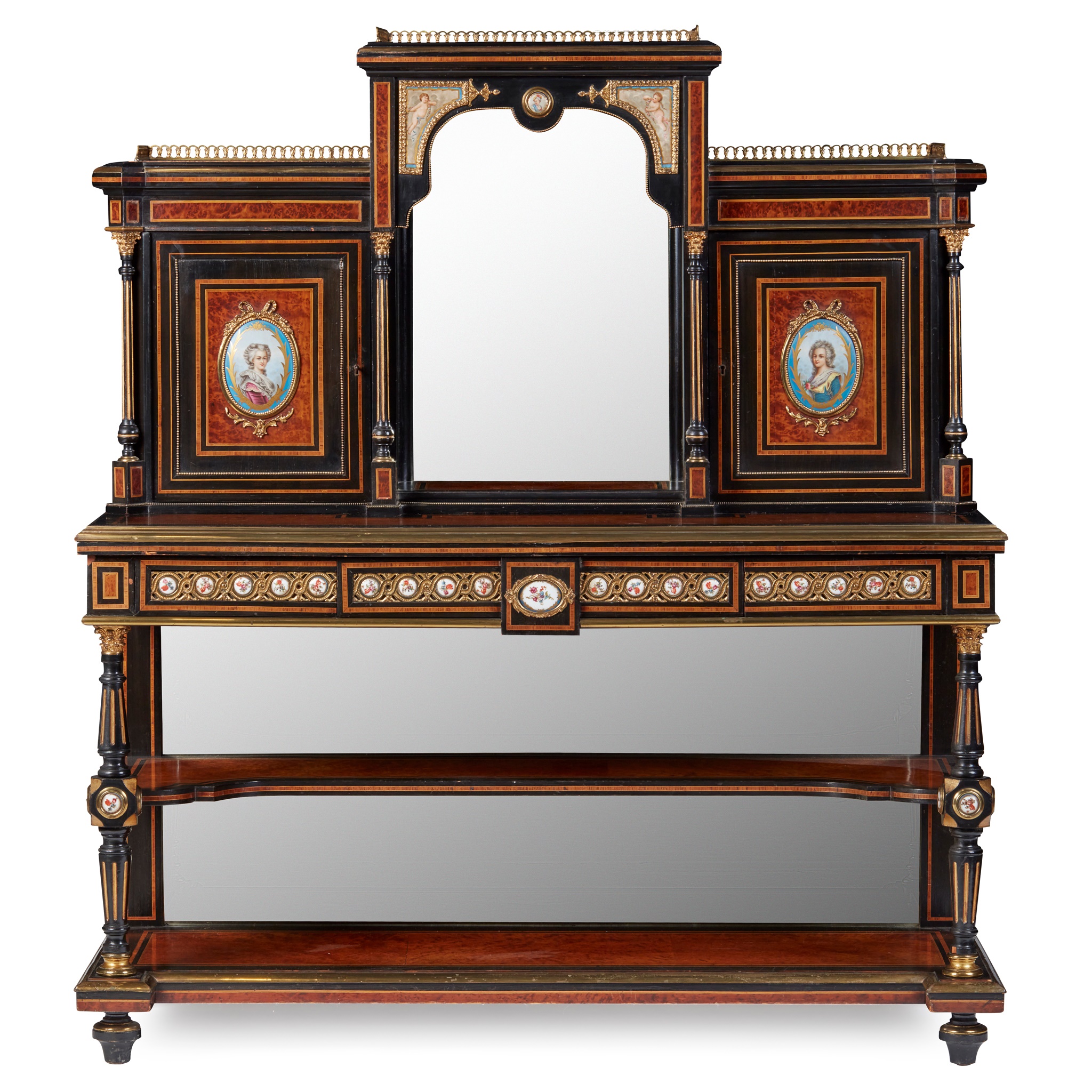 VICTORIAN AMBOYNA, EBONISED, PORCELAIN, AND GILT METAL MOUNTED SIDE CABINET
