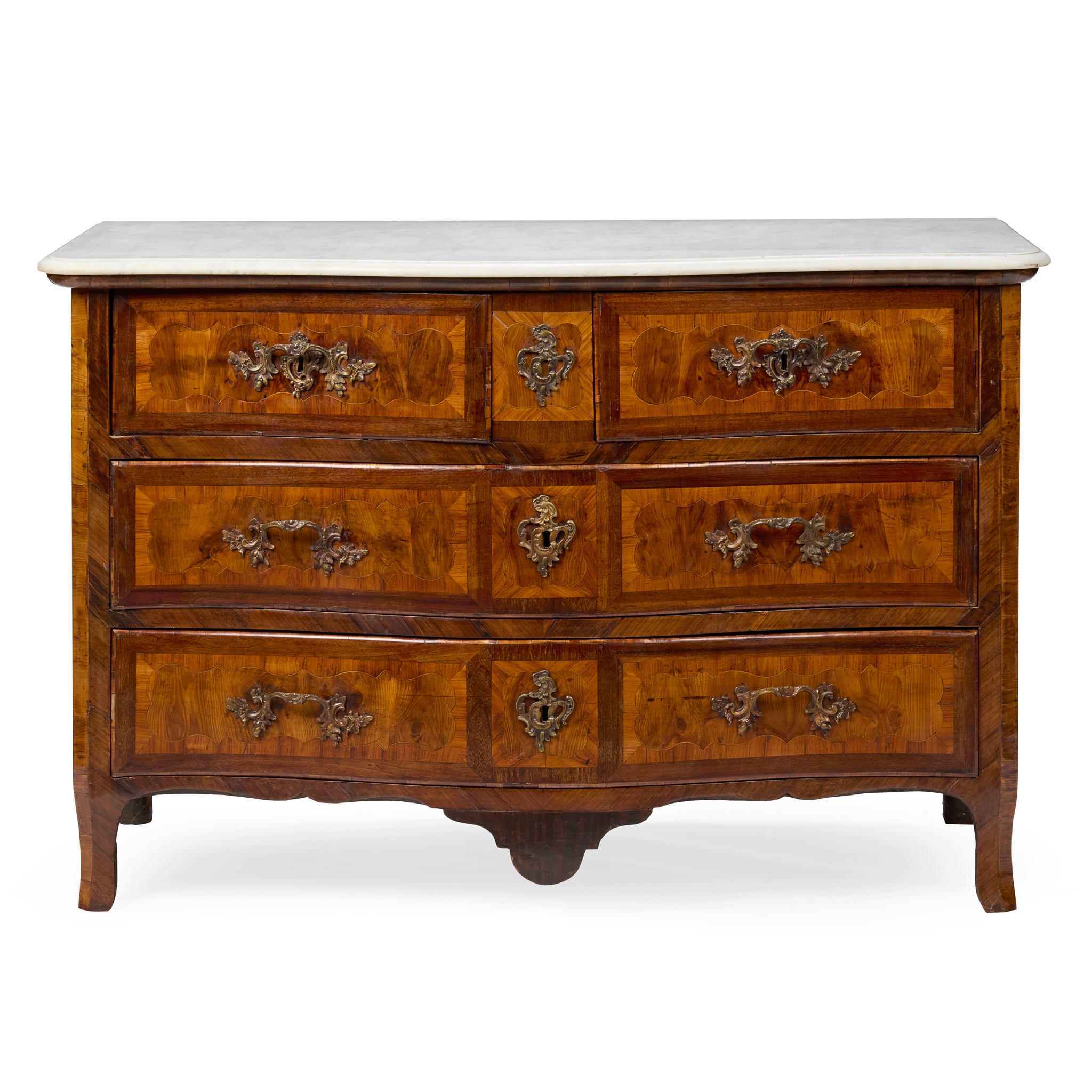 LOUIS XV KINGWOOD, WALNUT, AND MAHOGANY MARBLE TOPPED PARQUETRY COMMODE