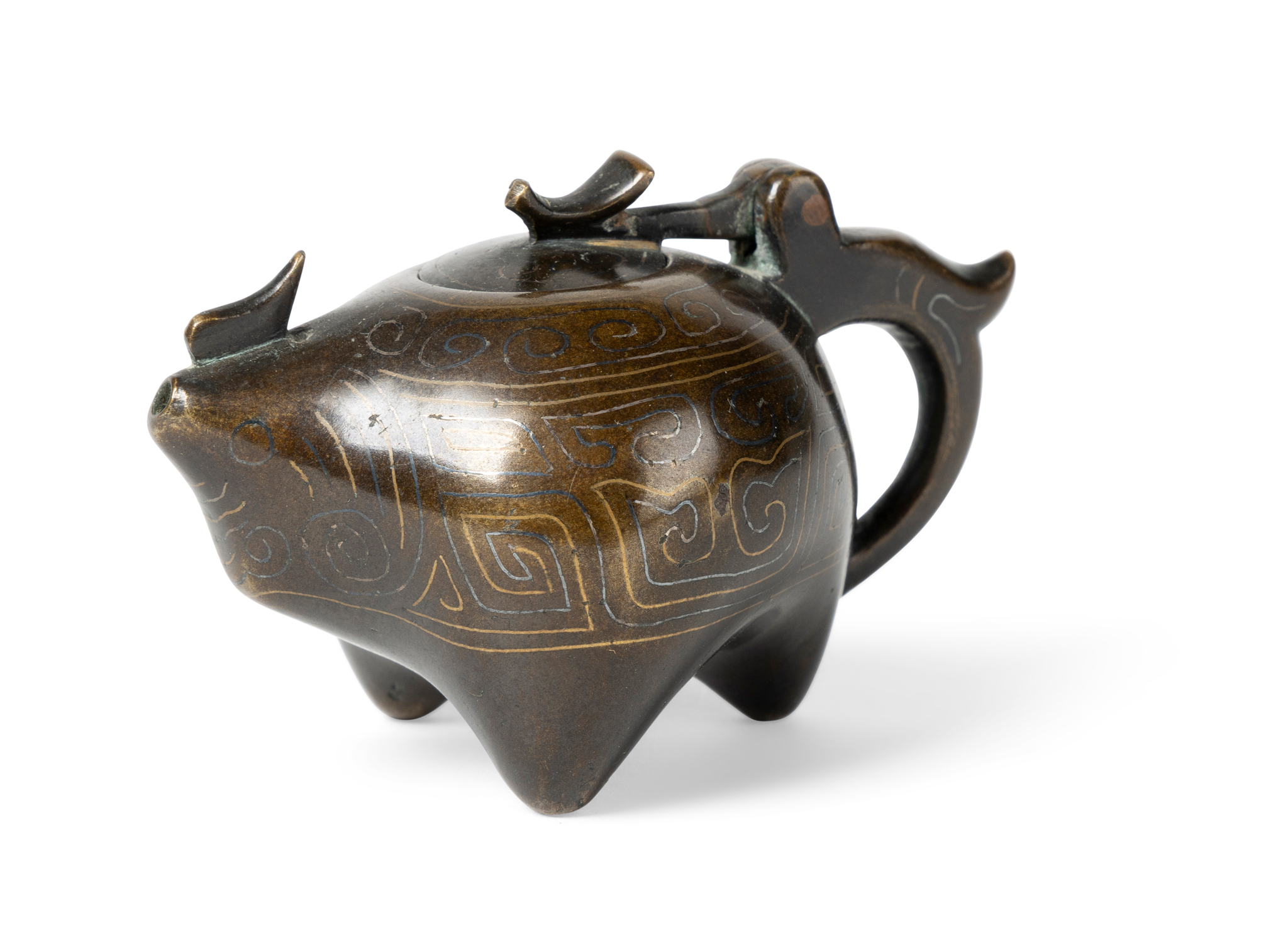 SMALL CHINESE SILVER-AND-GOLD-INLAID BRONZE HE-FORM 'ANIMAL' WATER DROPPER