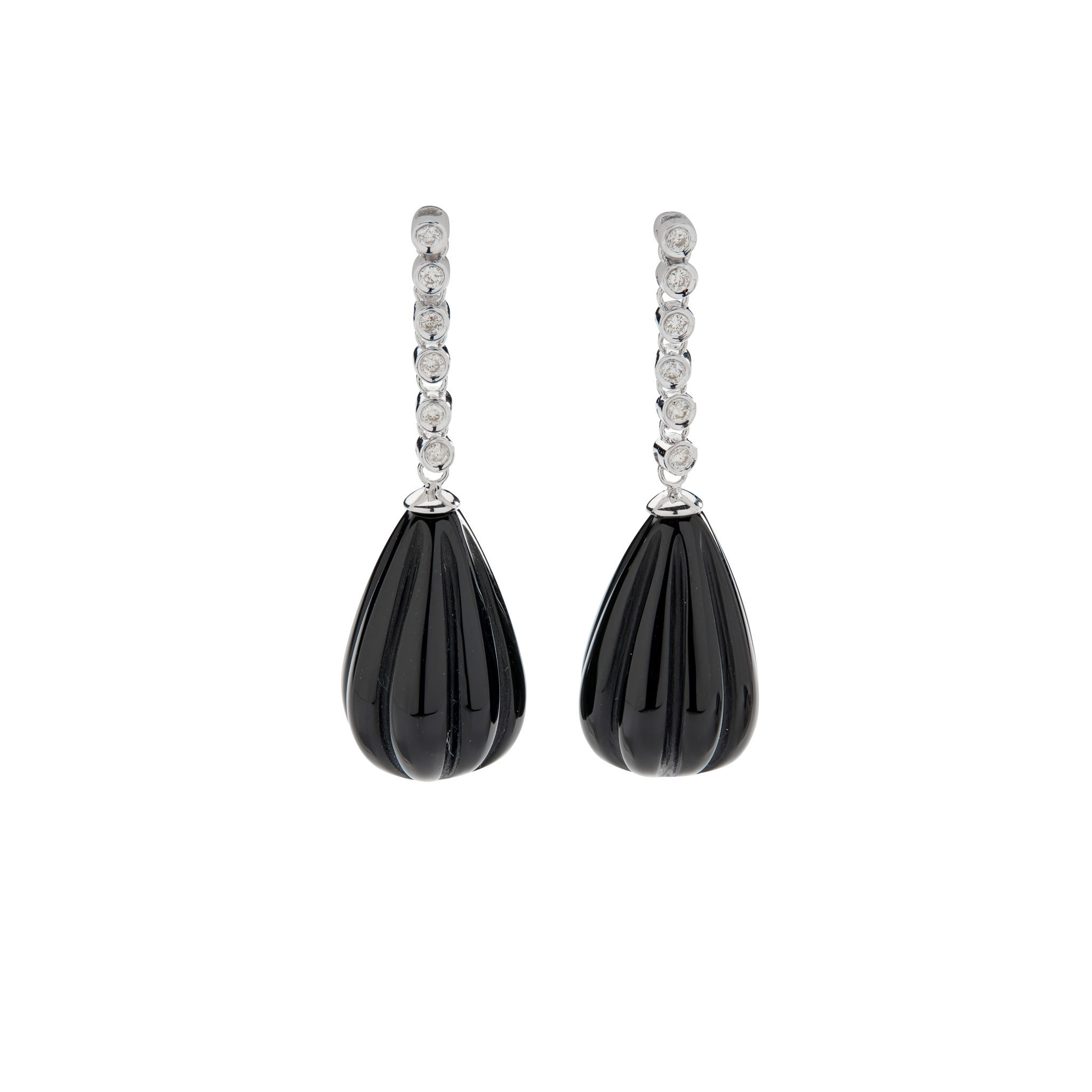 A pair of onyx and diamond pendent earrings