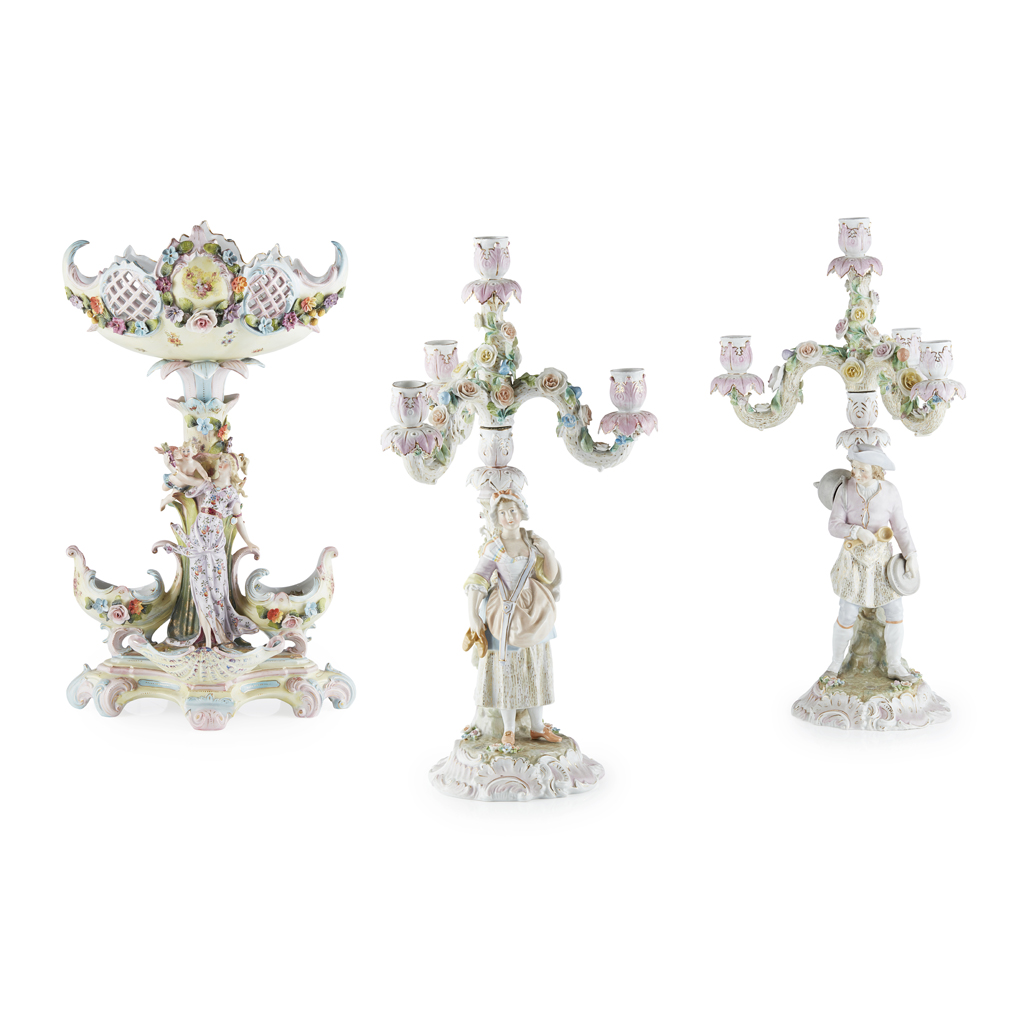 PAIR OF DRESDEN PORCELAIN FIGURAL CANDELABRA
