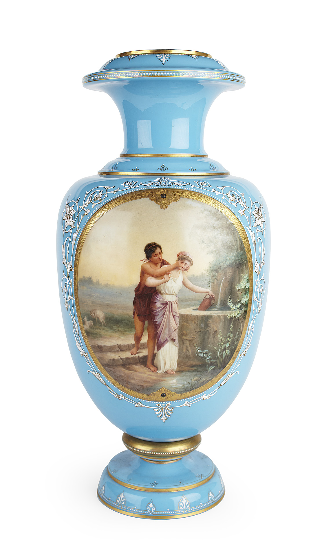 BLUE OPALINE GLASS URN