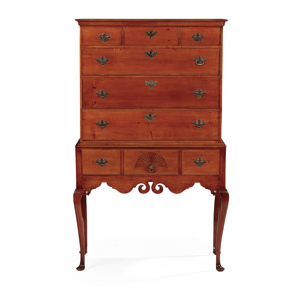 AMERICAN 'CHIPPENDALE' FIGURED MAPLE CHEST ON STAND