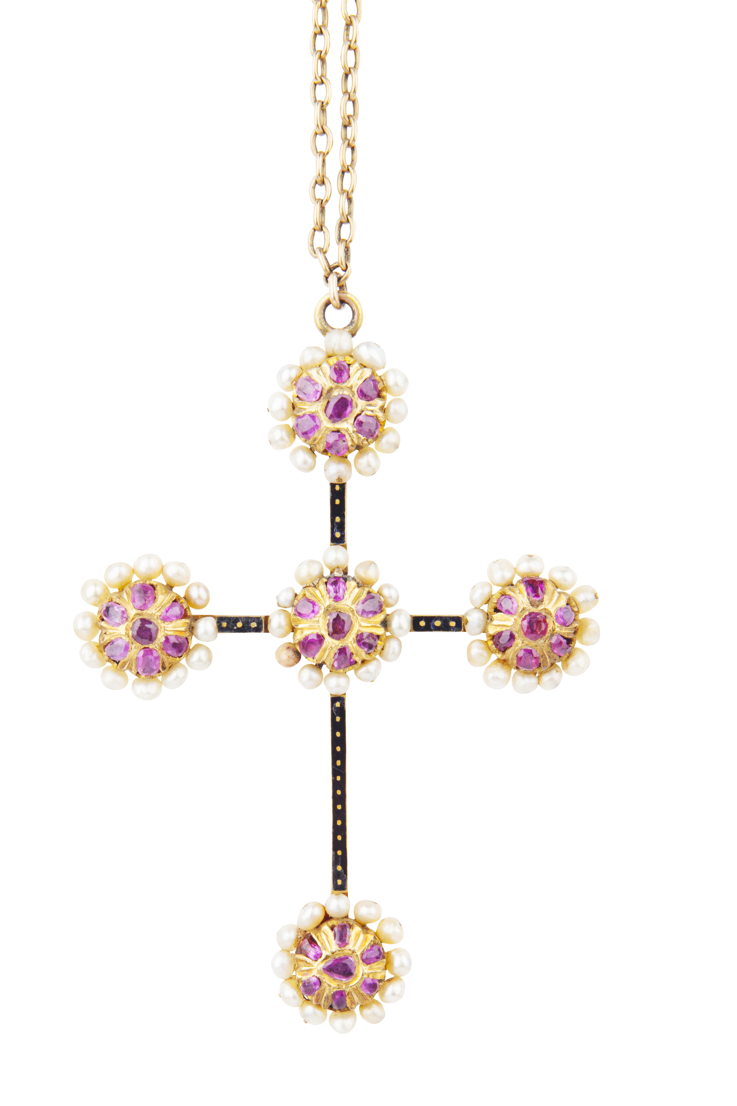 A mid 19th century Spanish ruby, pearl and enamel pendant cross