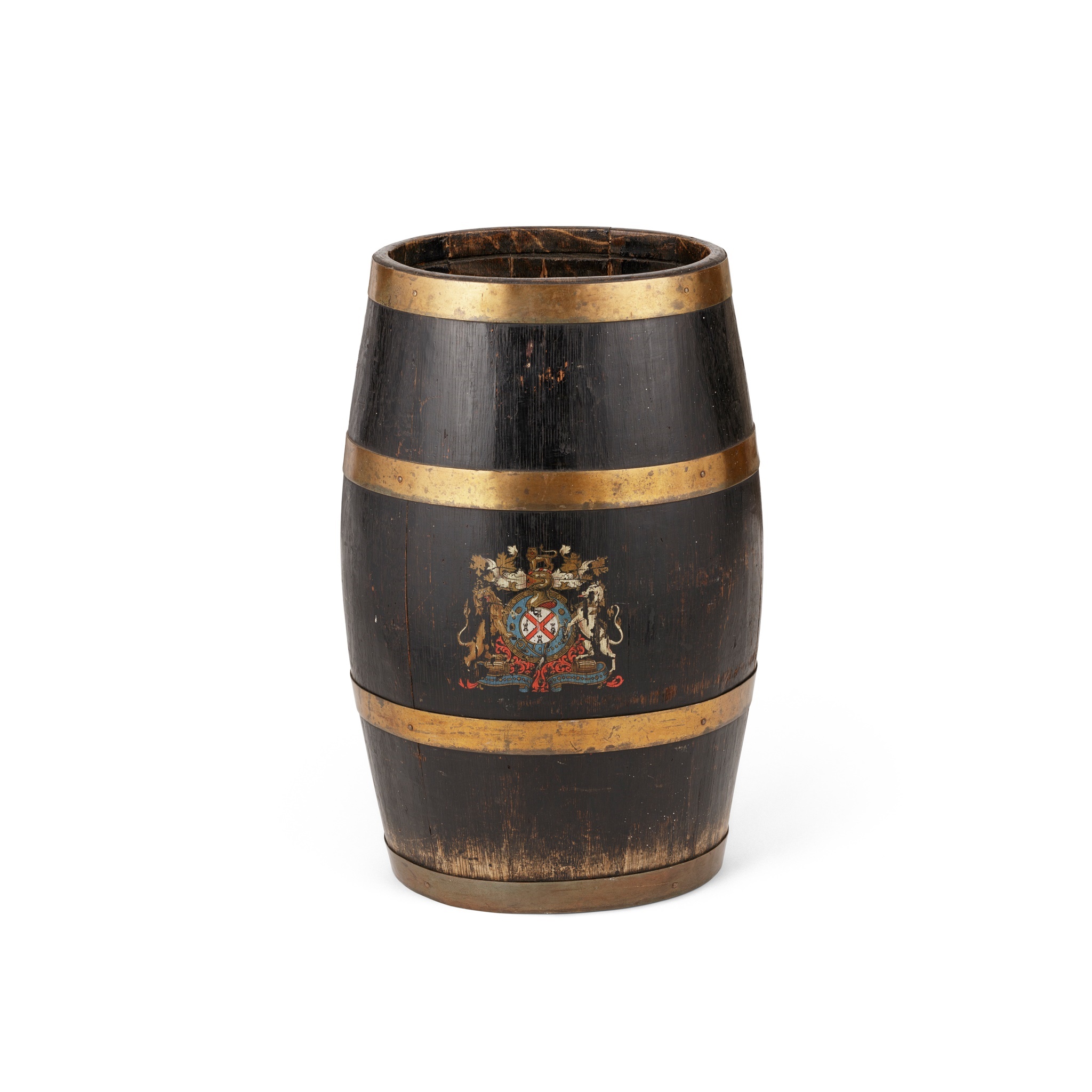 OAK AND BRASS BARREL STICK STAND