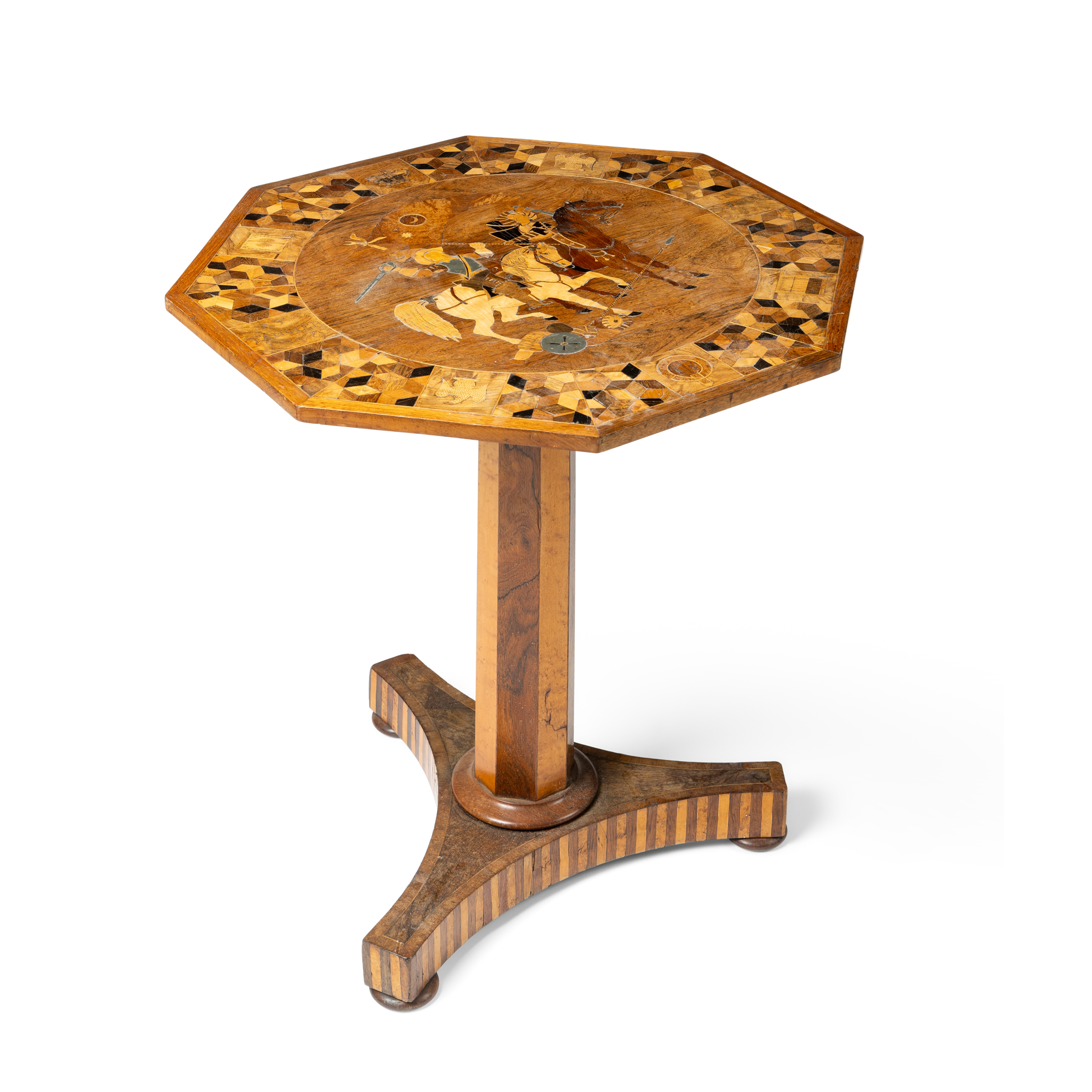A PARQUETRY AND MARQUETRY INLAID WALNUT OCTAGONAL TILT-TOP TABLE