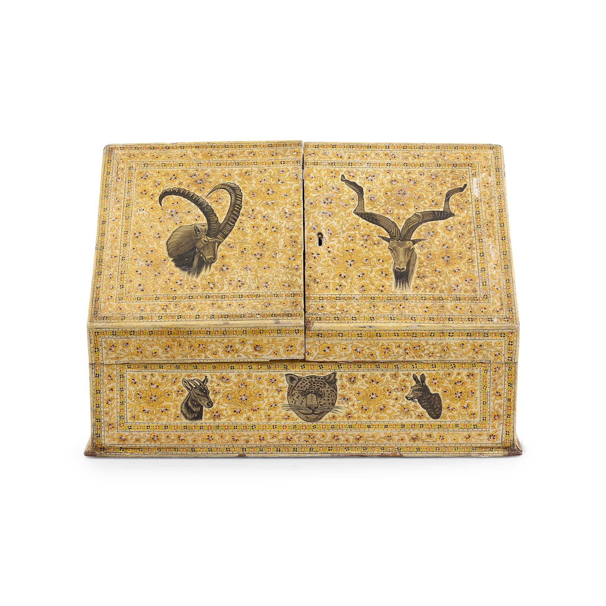 ANGLO-INDIAN GILT AND POLYCHROME KASHMIRI LACQUER STATIONERY BOX