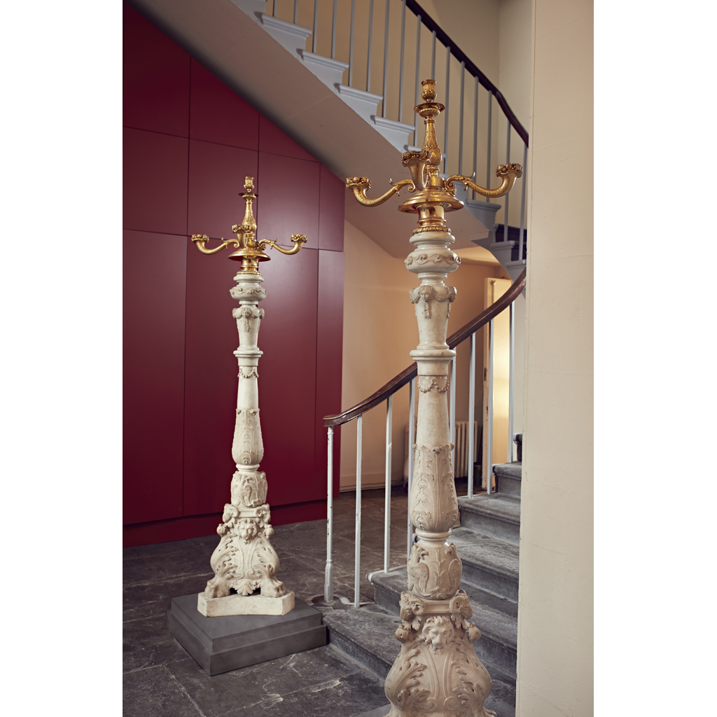PAIR OF IMPRESSIVE ITALIAN WHITE MARBLE AND ORMOLU TORCHERES