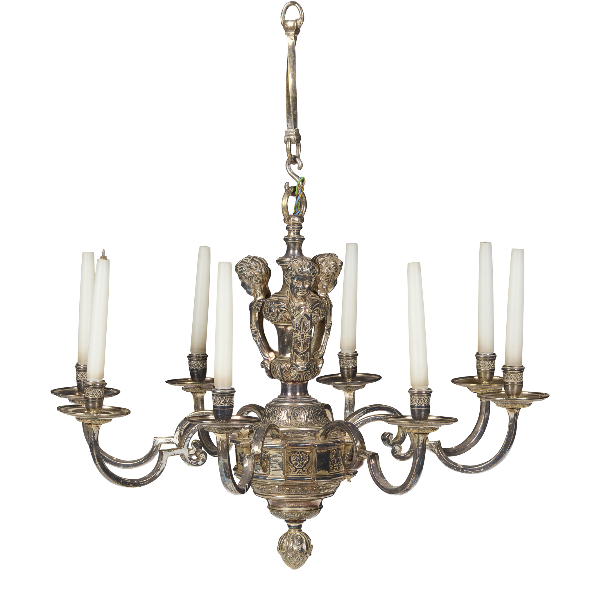 DUTCH BAROQUE STYLE EIGHT LIGHT SILVERED METAL CHANDELIER