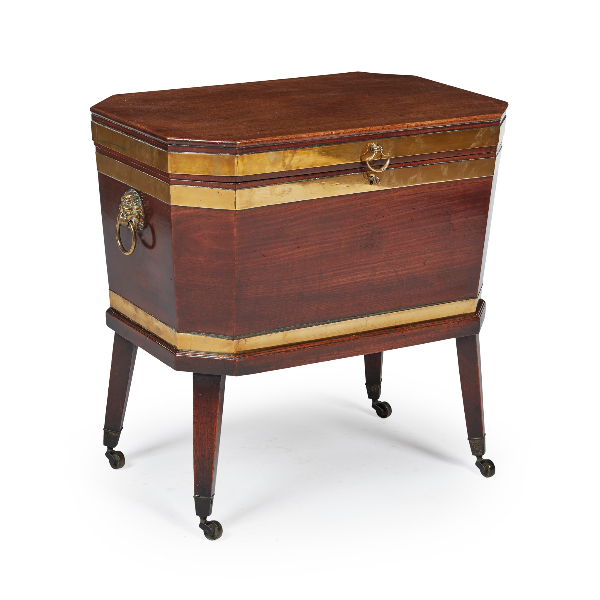 GEORGE III MAHOGANY BRASS BANDED CELLARETTE ON STAND