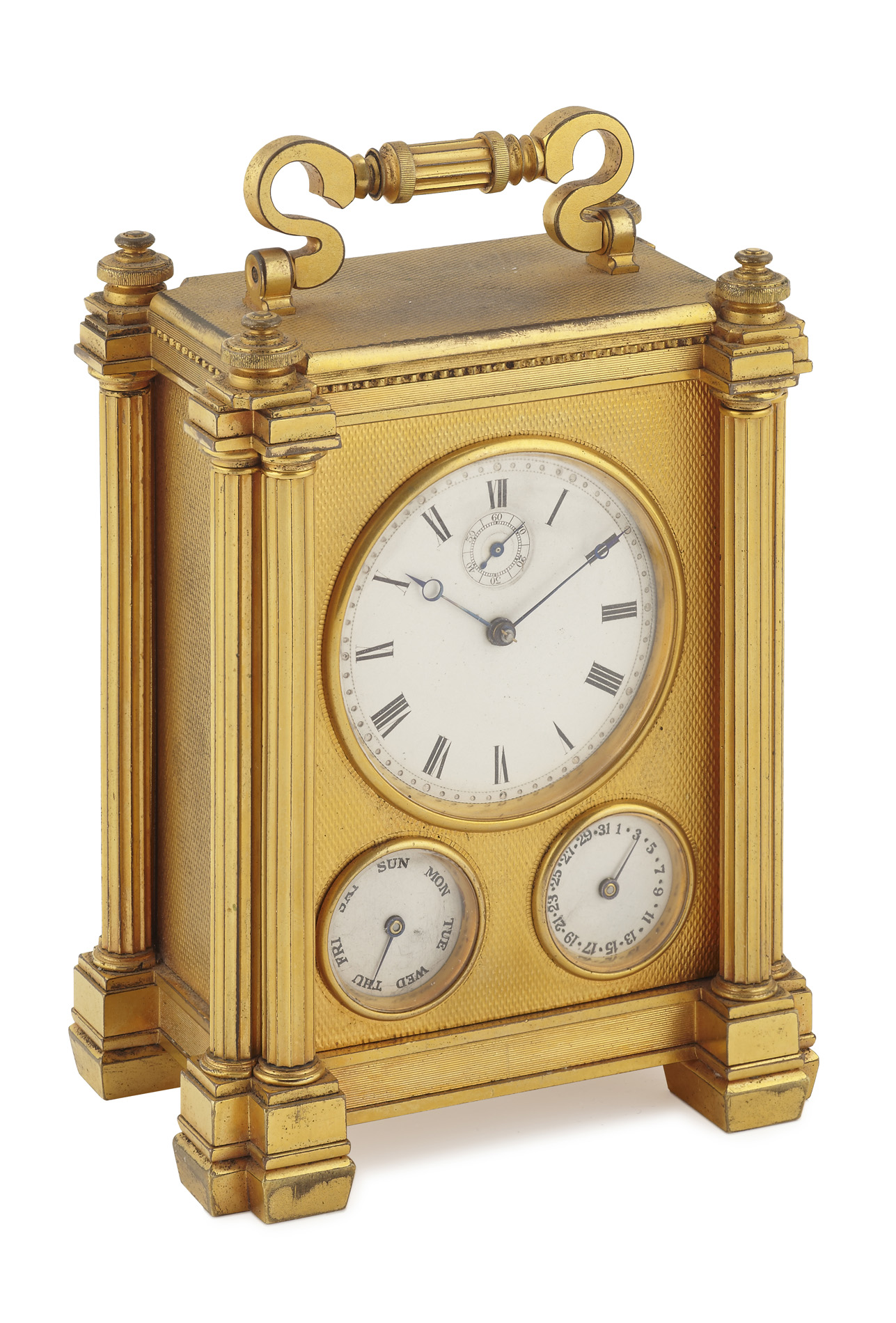 ENGLISH BRASS CALENDAR CARRIAGE CLOCK, POSSIBLY VINER