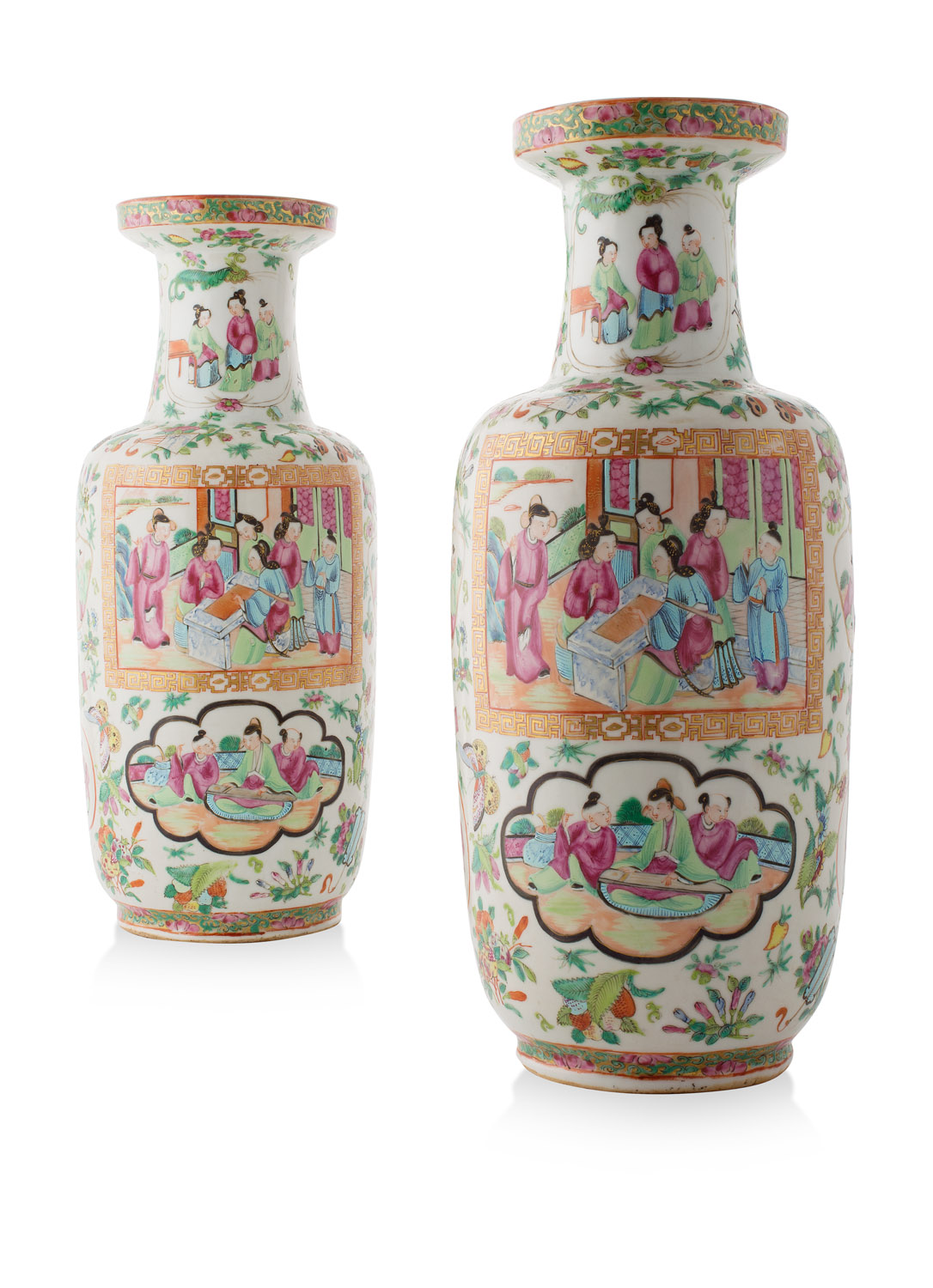PAIR OF CANTON ROSE MANDARIN BALUSTER VASES