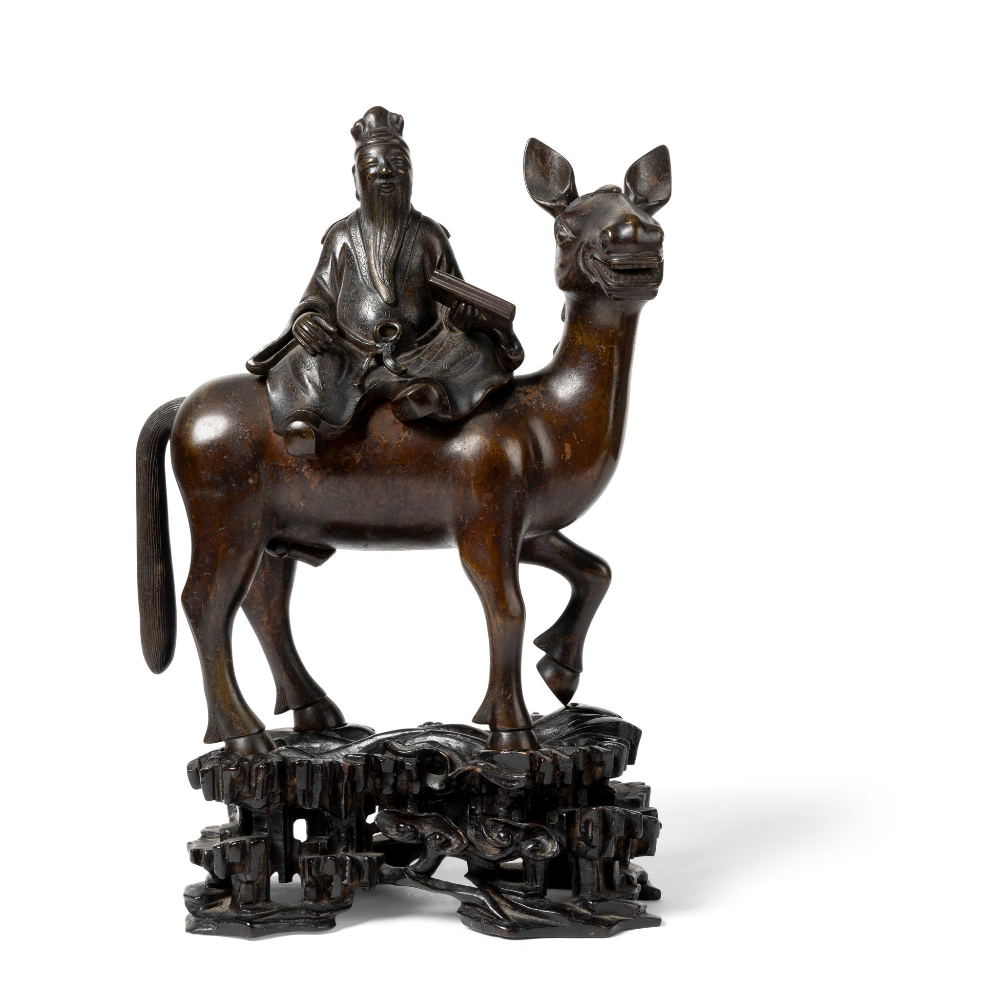 CHINESE BRONZE INCENSE BURNER OF A SCHOLAR RIDING A DONKEY