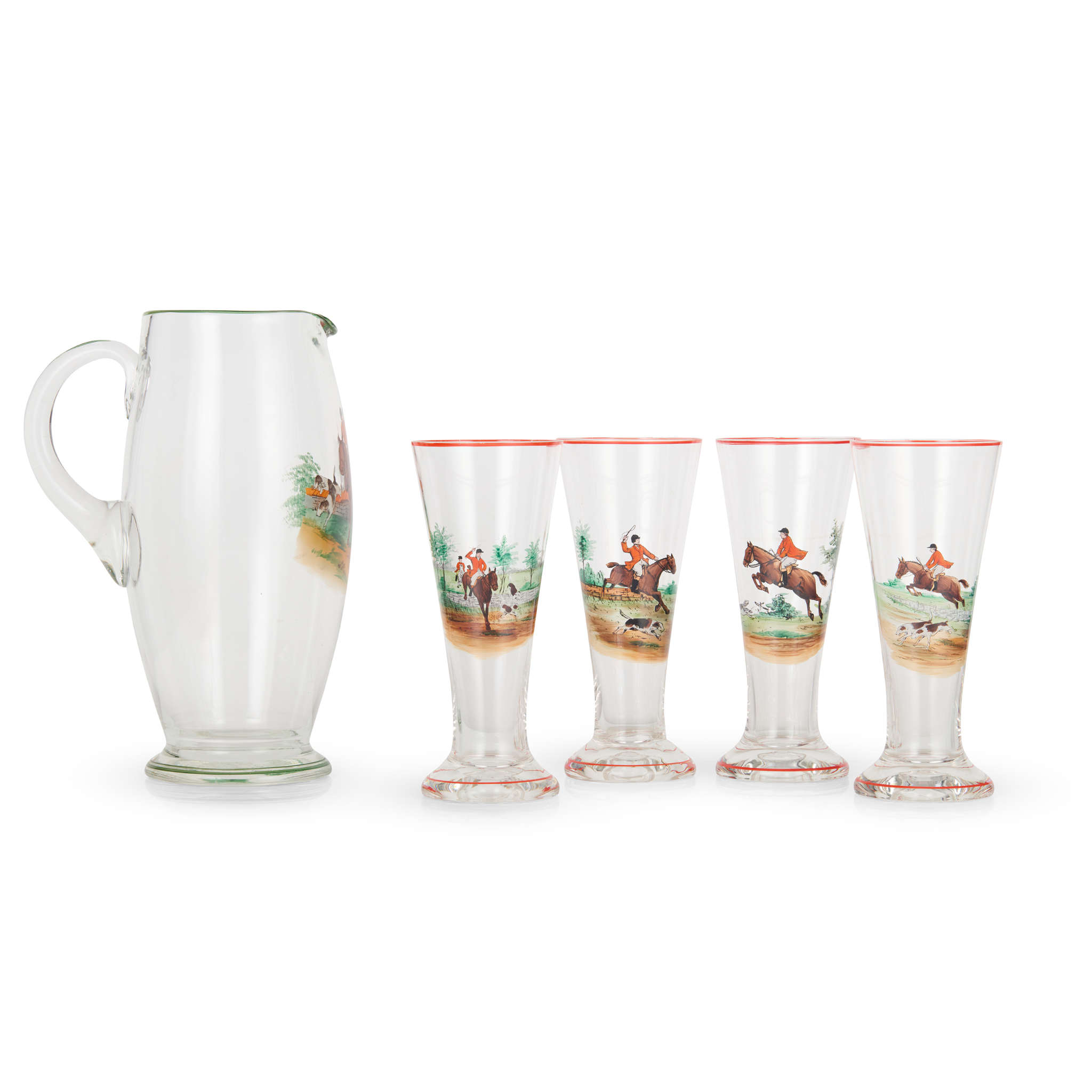 ART DECO ENAMELLED GLASS LEMONADE SET, OF HUNTING INTEREST