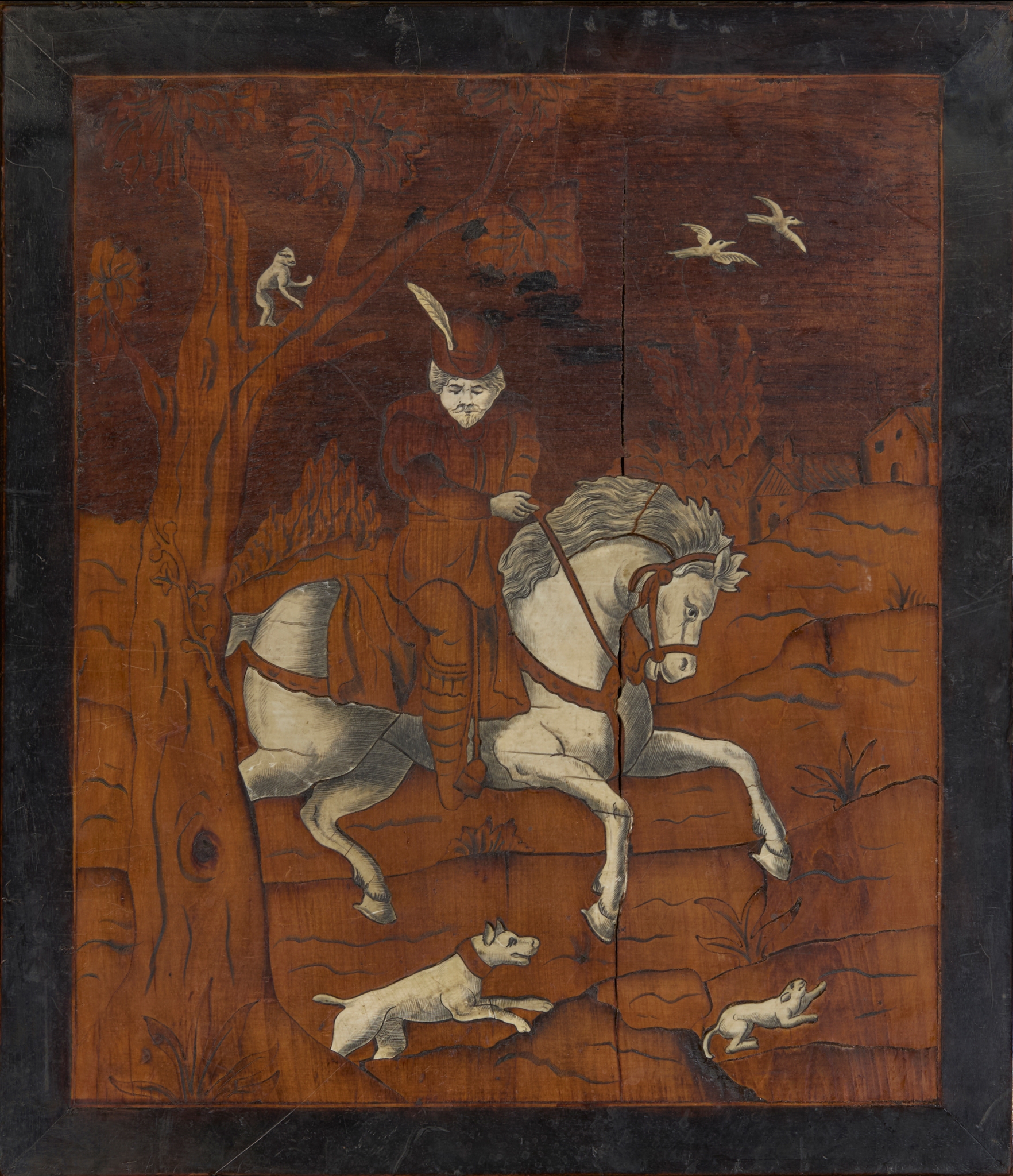 NORTH ITALIAN WALNUT, IVORY AND MARQUETRY PANEL OF A HUNTING SCENE