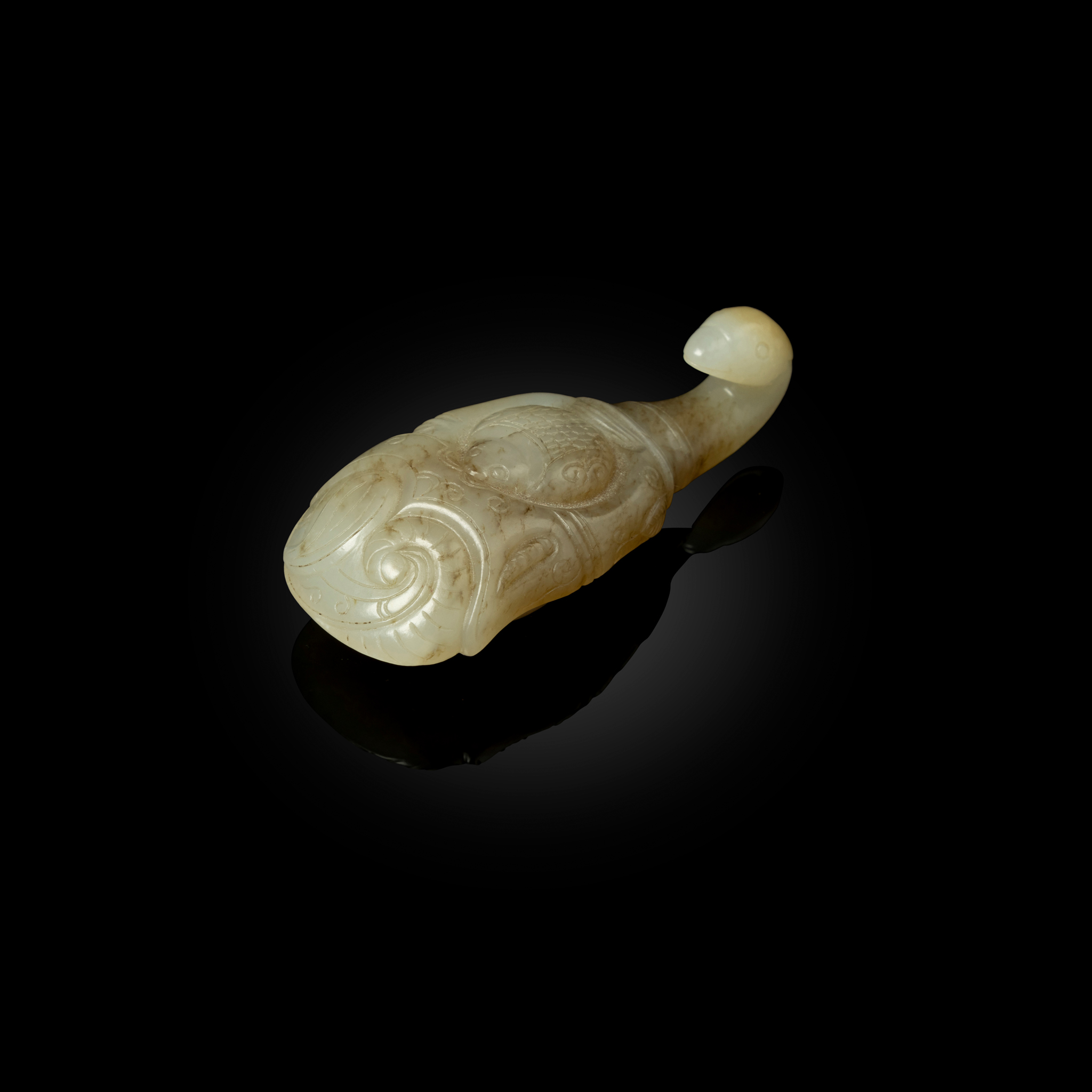 CHINESE WHITE JADE WITH RUSSET INCLUSIONS GOOSE-HEAD BELT HOOK