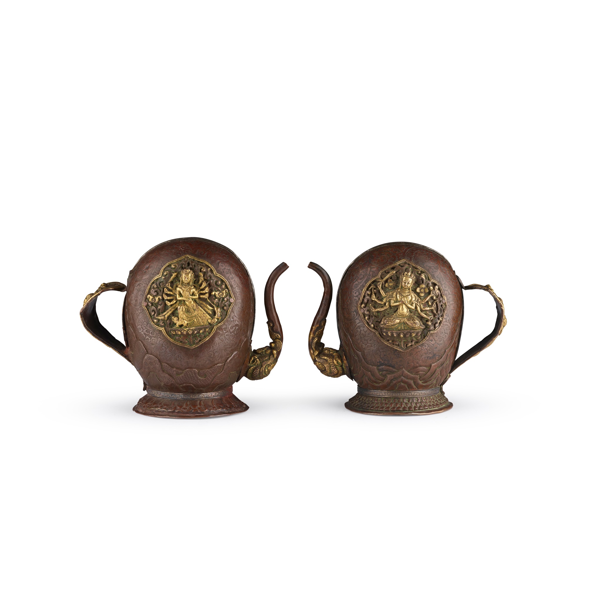 TWO RARE PARCEL-GILT 'CARDOGAN' COPPER-ALLOY AND SILVER RITUAL WINE EWERS