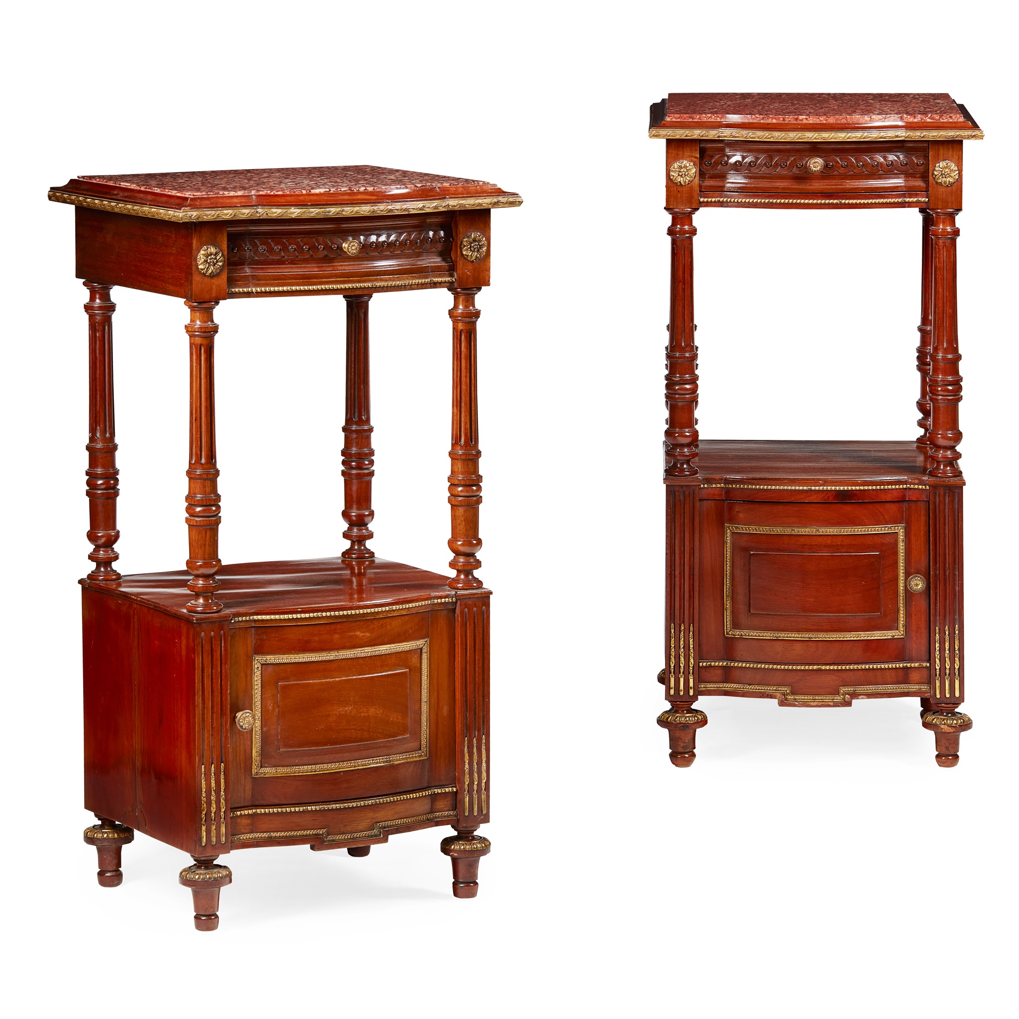 PAIR OF FRENCH EMPIRE STYLE MAHOGANY MARBLE TOP BEDSIDE COMMODES