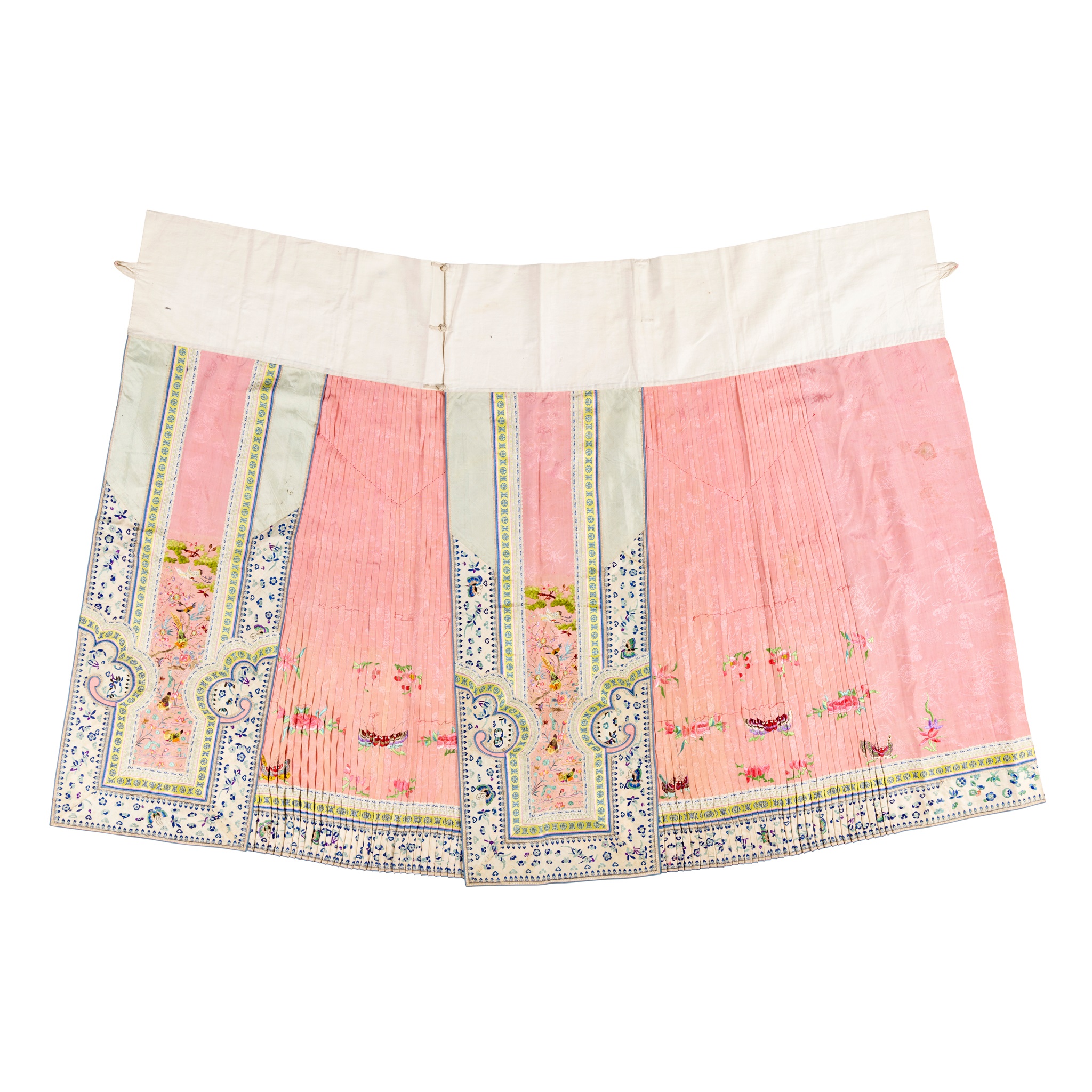 HAN CHINESE WOMAN'S EMBROIDERED PINK GROUND 'BIRDS AND FLOWERS' SILK PLEATED SKIRT