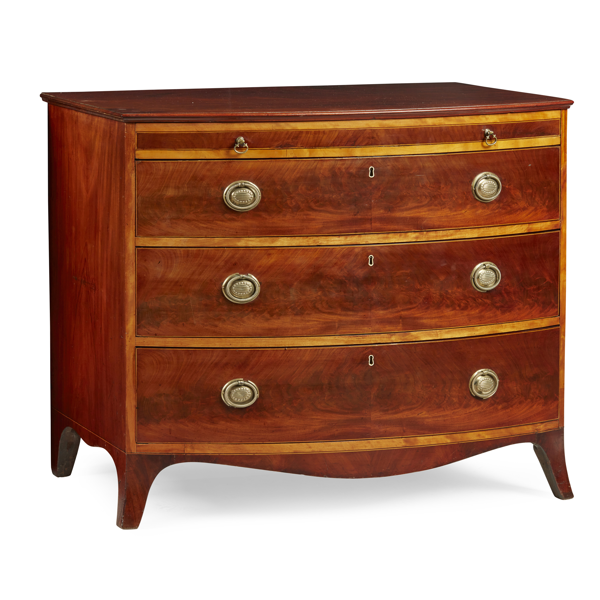 LATE GEORGE III MAHOGANY AND SATINWOOD BANDED BOWFRONT DRESSING CHEST OF DRAWERS