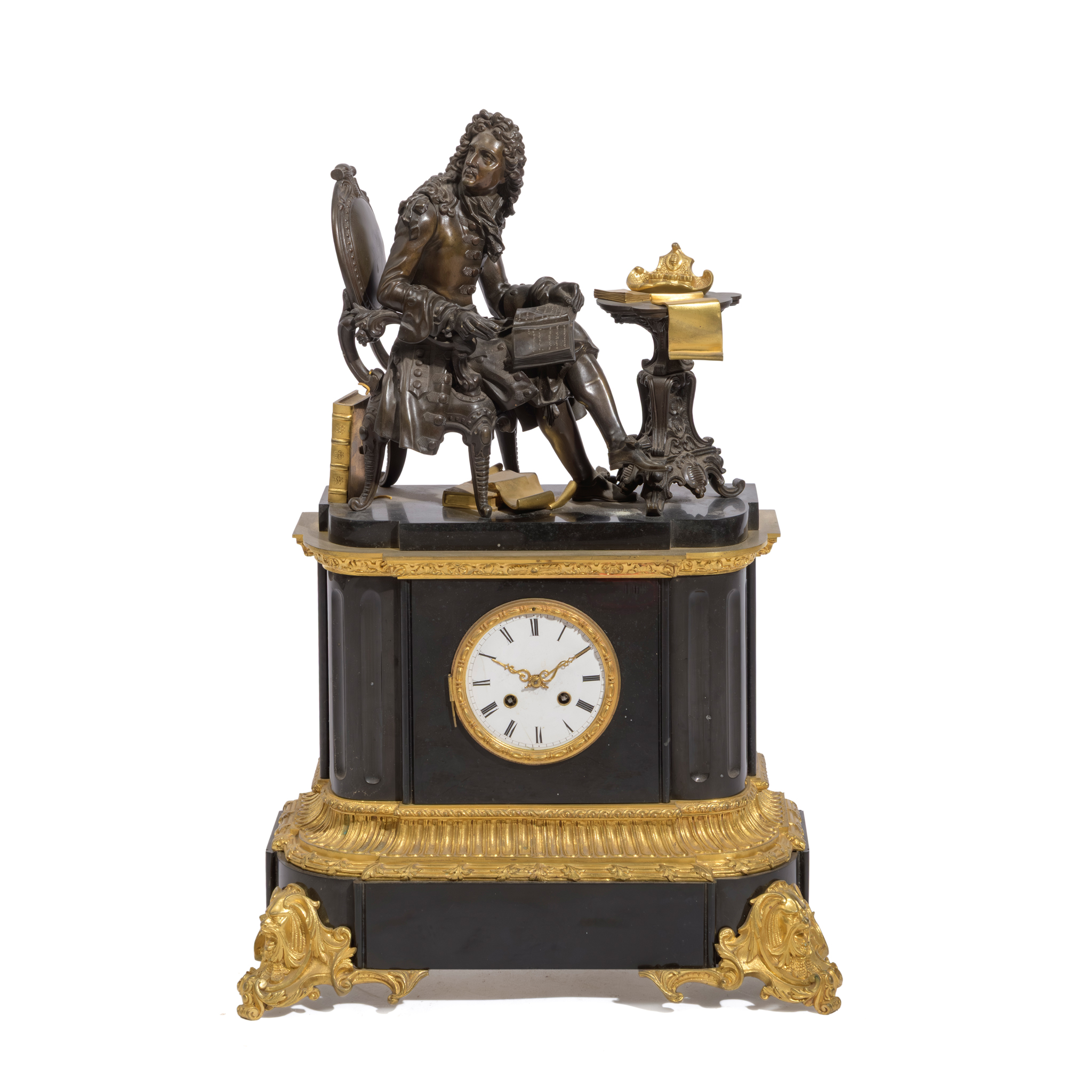 A FRENCH BRONZE SLATE AND GILT METAL MOUNTED MANTEL CLOCK