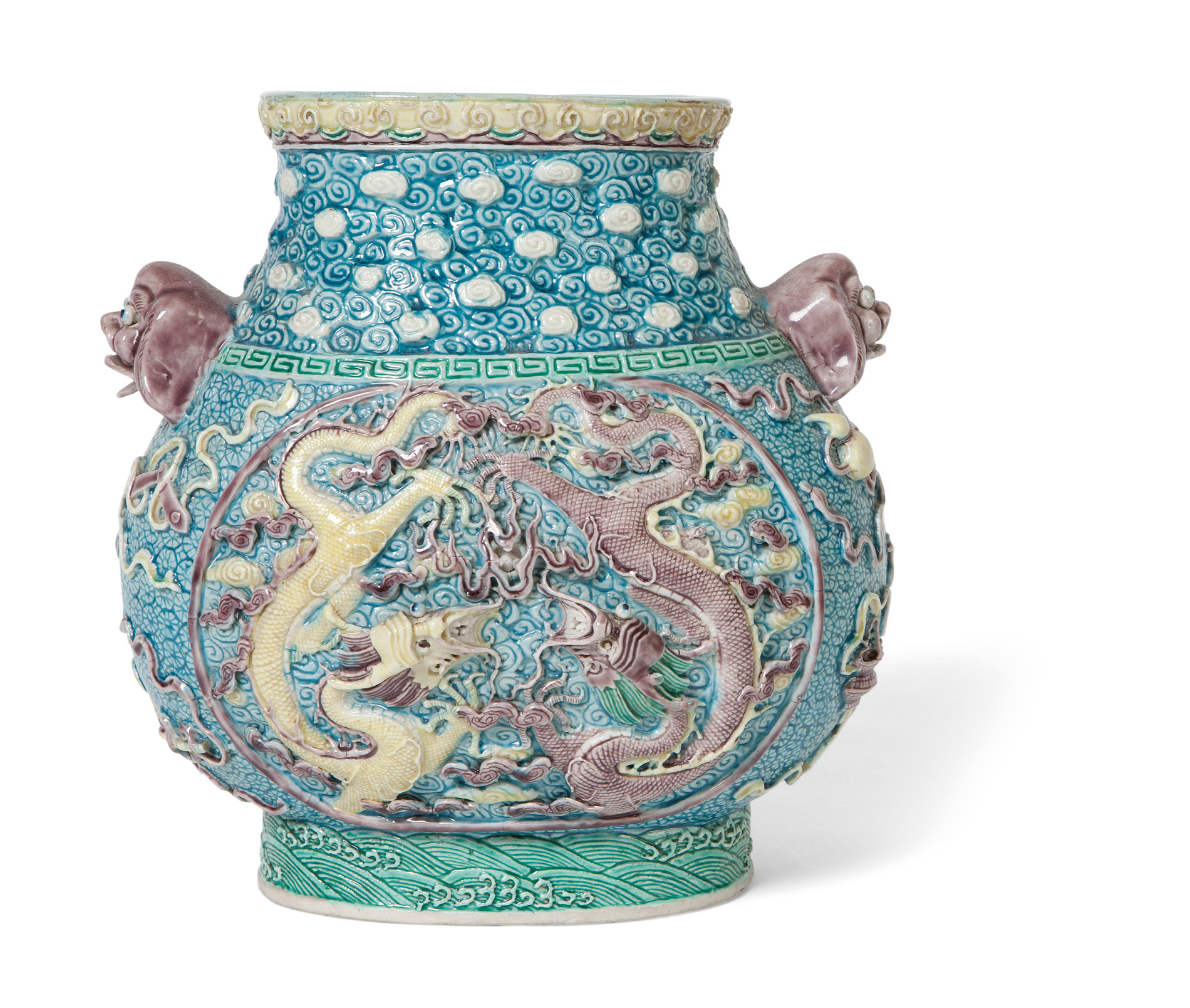 A MOULDED POLYCHROME VASE