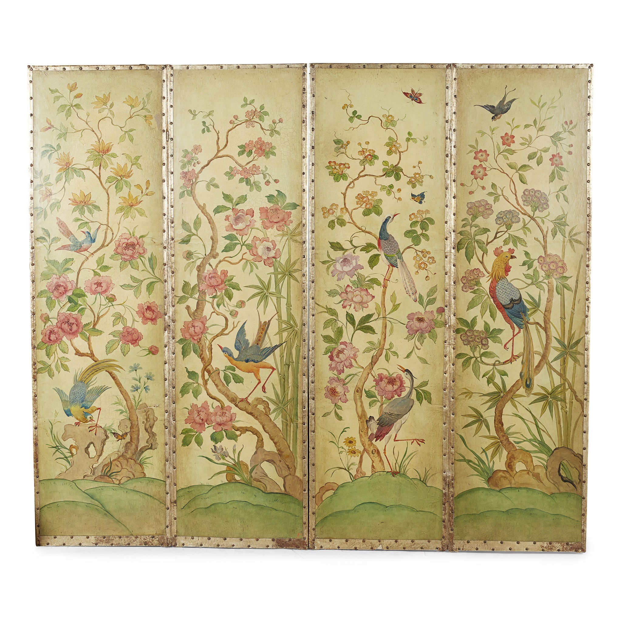 PAINTED LEATHER FOUR-FOLD SCREEN