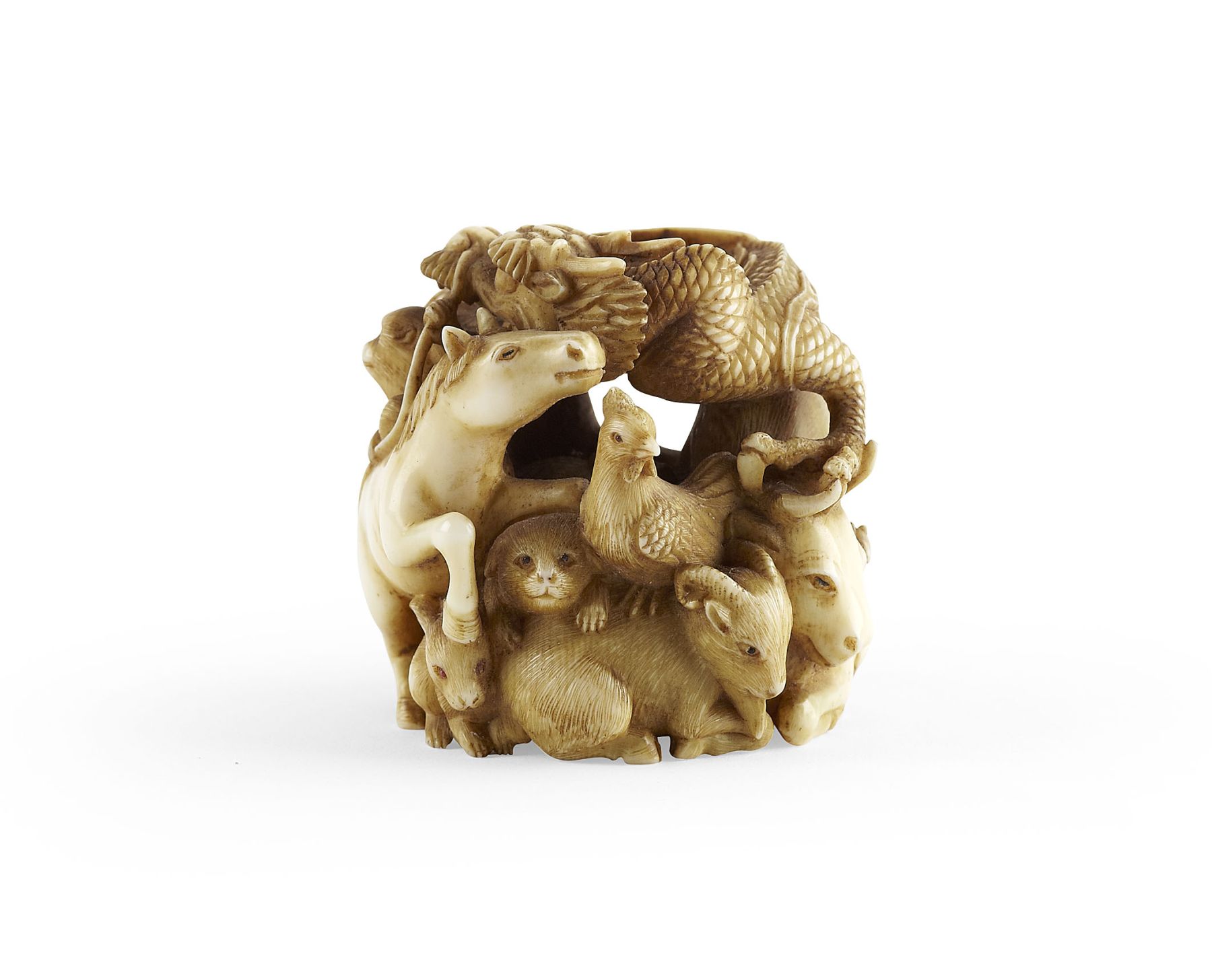 FINE JAPANESE CARVED IVORY GROUP OF THE ZODIAC