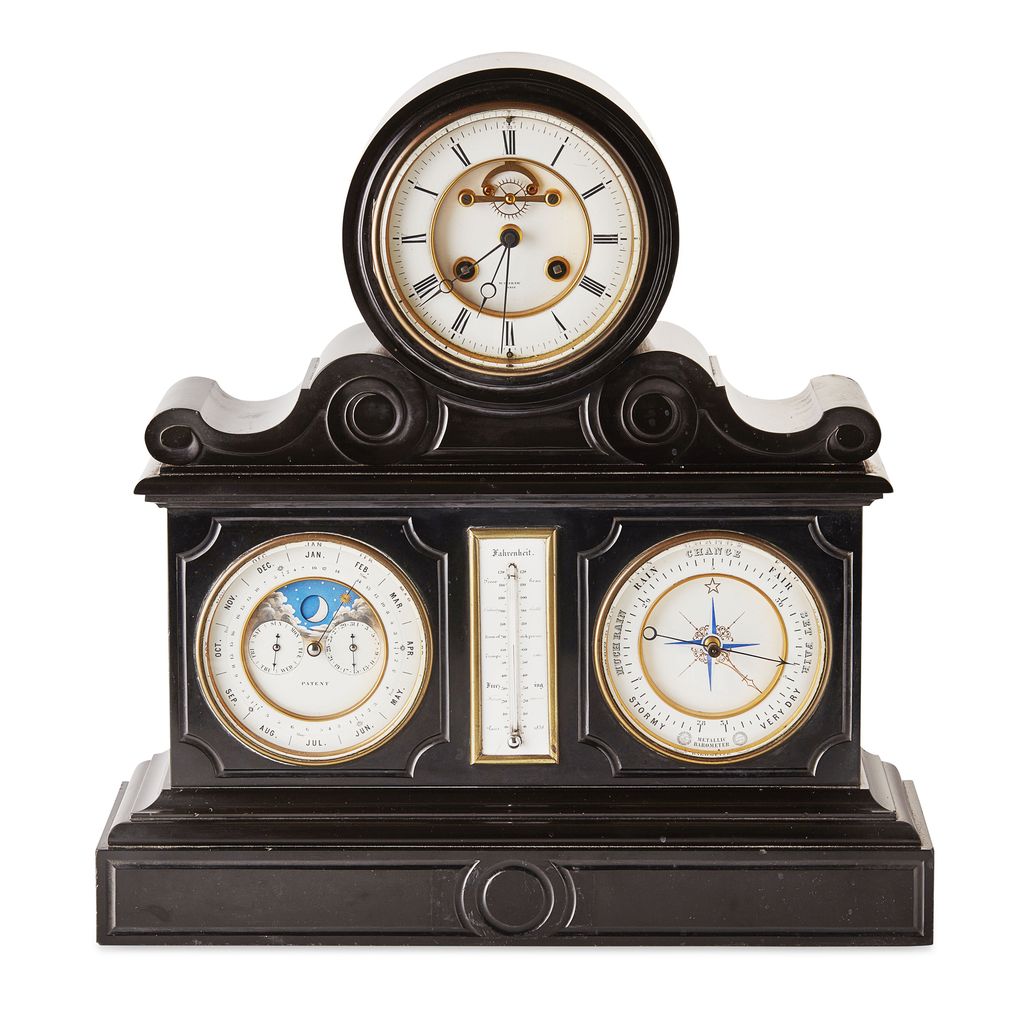 FINE FRENCH POLISHED SLATE THERMOMETER/ BAROMETER AND CALENDAR MANTLE CLOCK