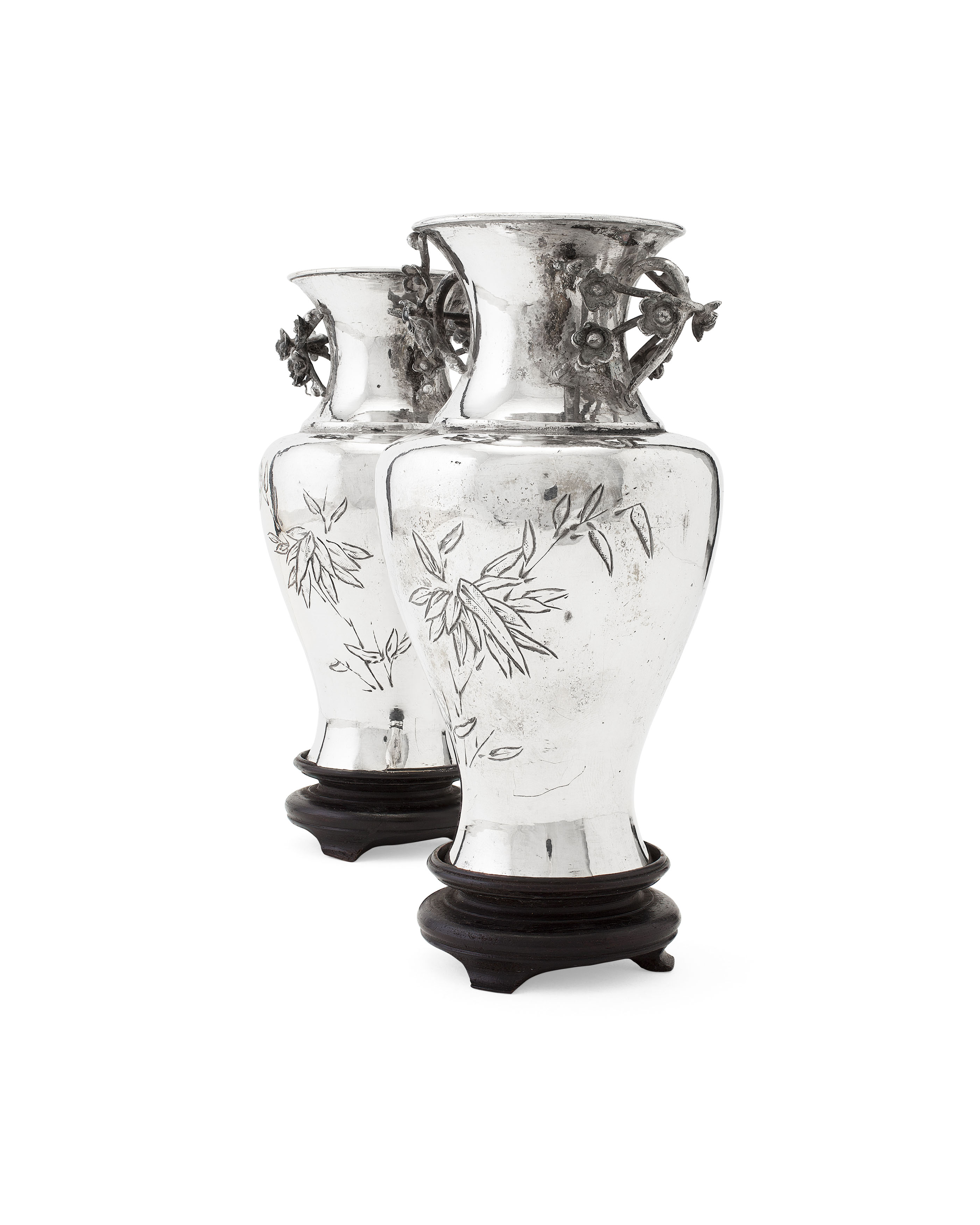 PAIR OF CHINESE EXPORT SILVER VASES