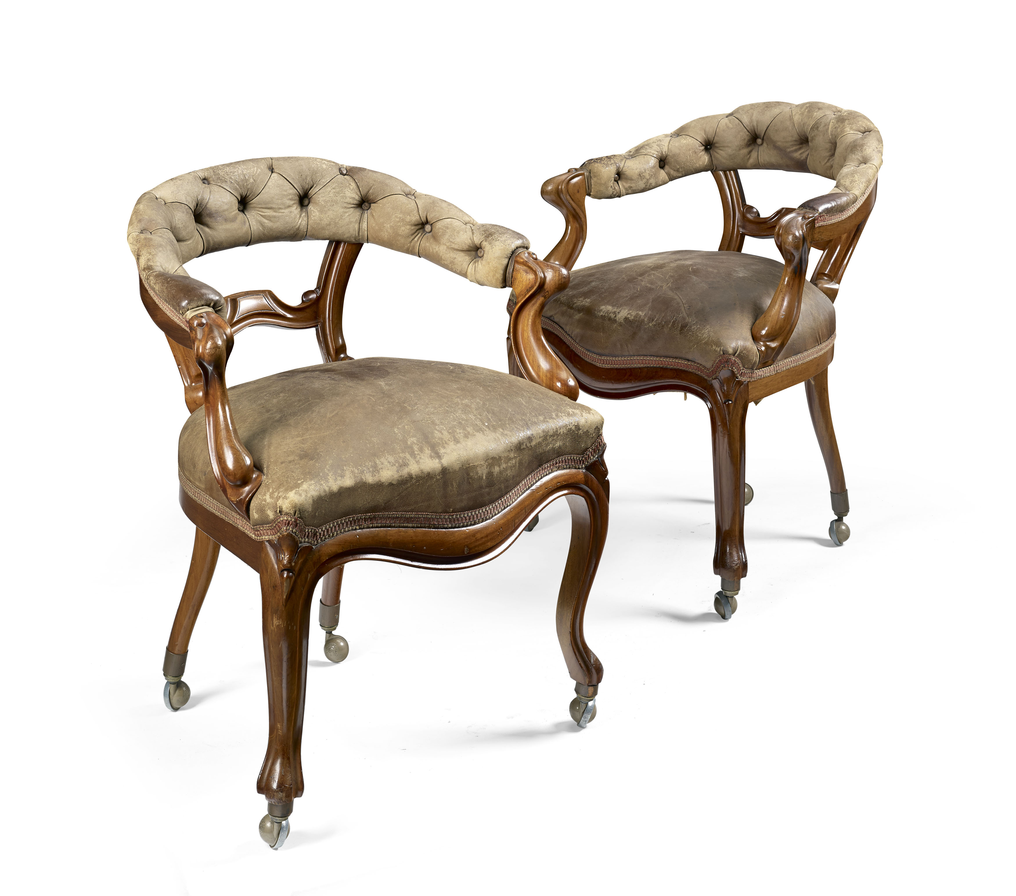 PAIR OF VICTORIAN MAHOGANY LEATHER UPHOLSTERED ARMCHAIRS