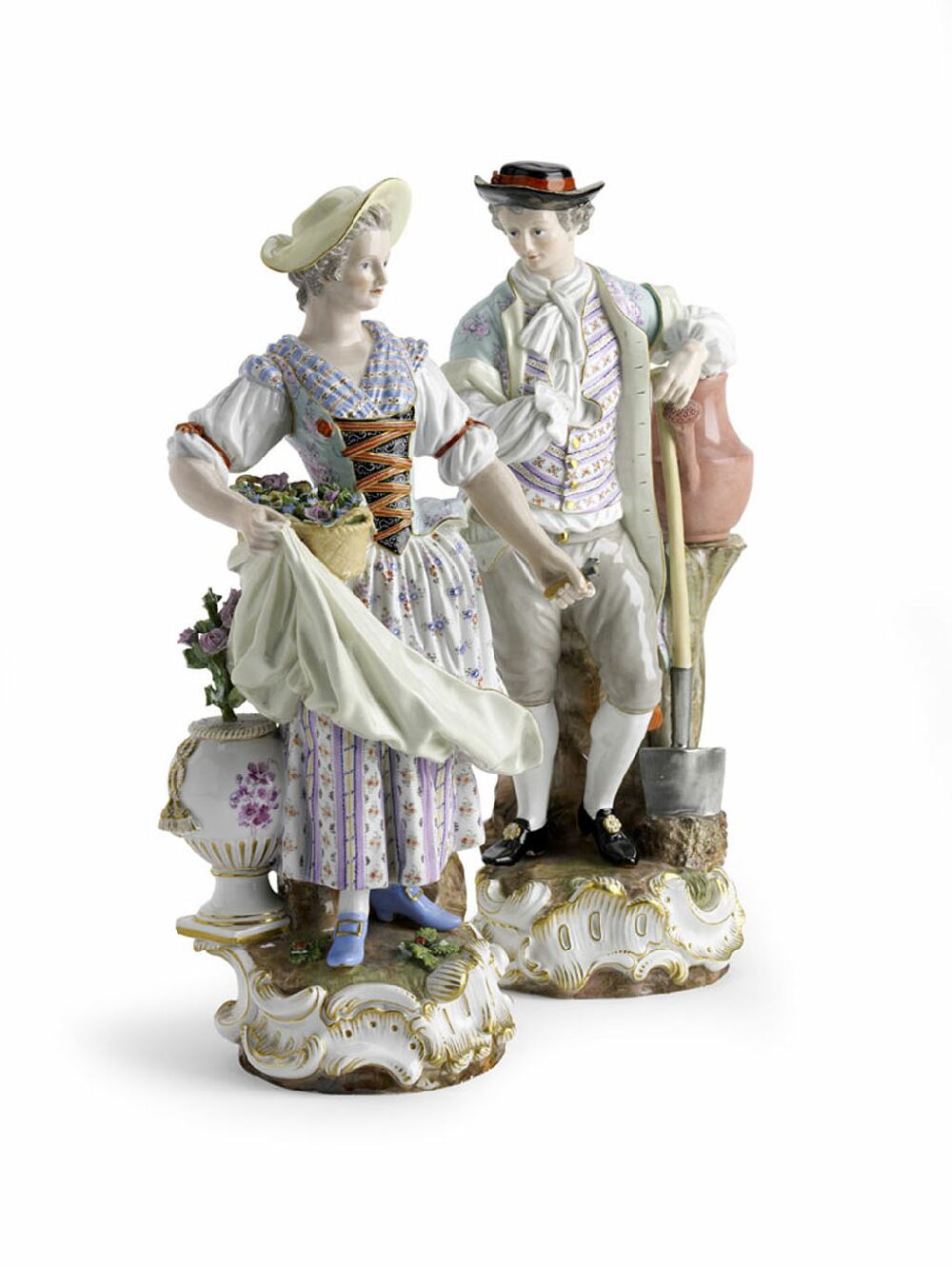 A large pair of 19th century Meissen 'gardener' figures After Michael Victor Acier
