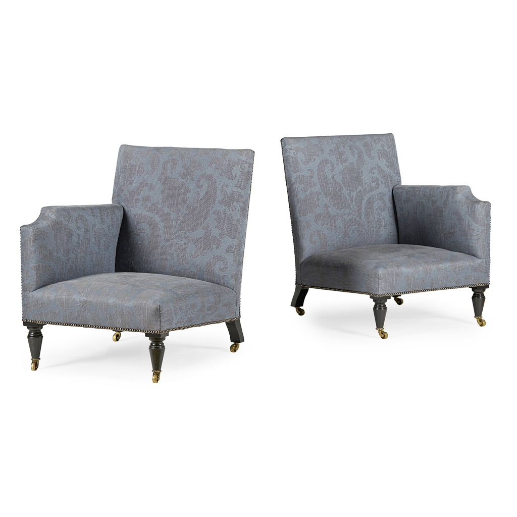 PAIR OF UPHOLSTERED CORNER ARMCHAIRS