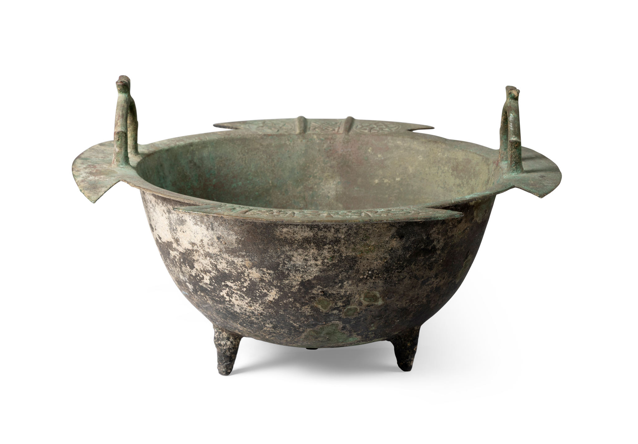 A LARGE BRASS CAULDRON ENGRAVED WITH ARABIC SCRIPT