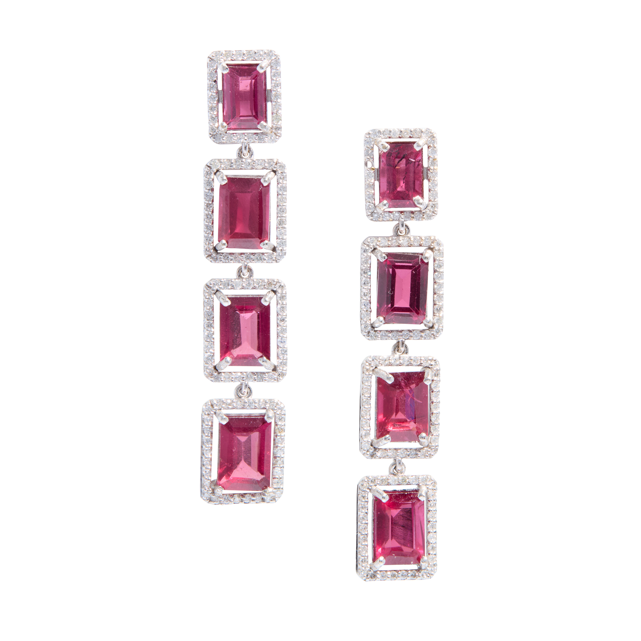 A pair of 18ct gold garnet and diamond pendent earrings