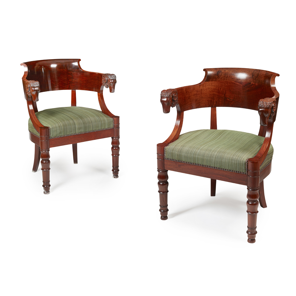PAIR OF EMPIRE STYLE MAHOGANY OPEN ARMCHAIRS