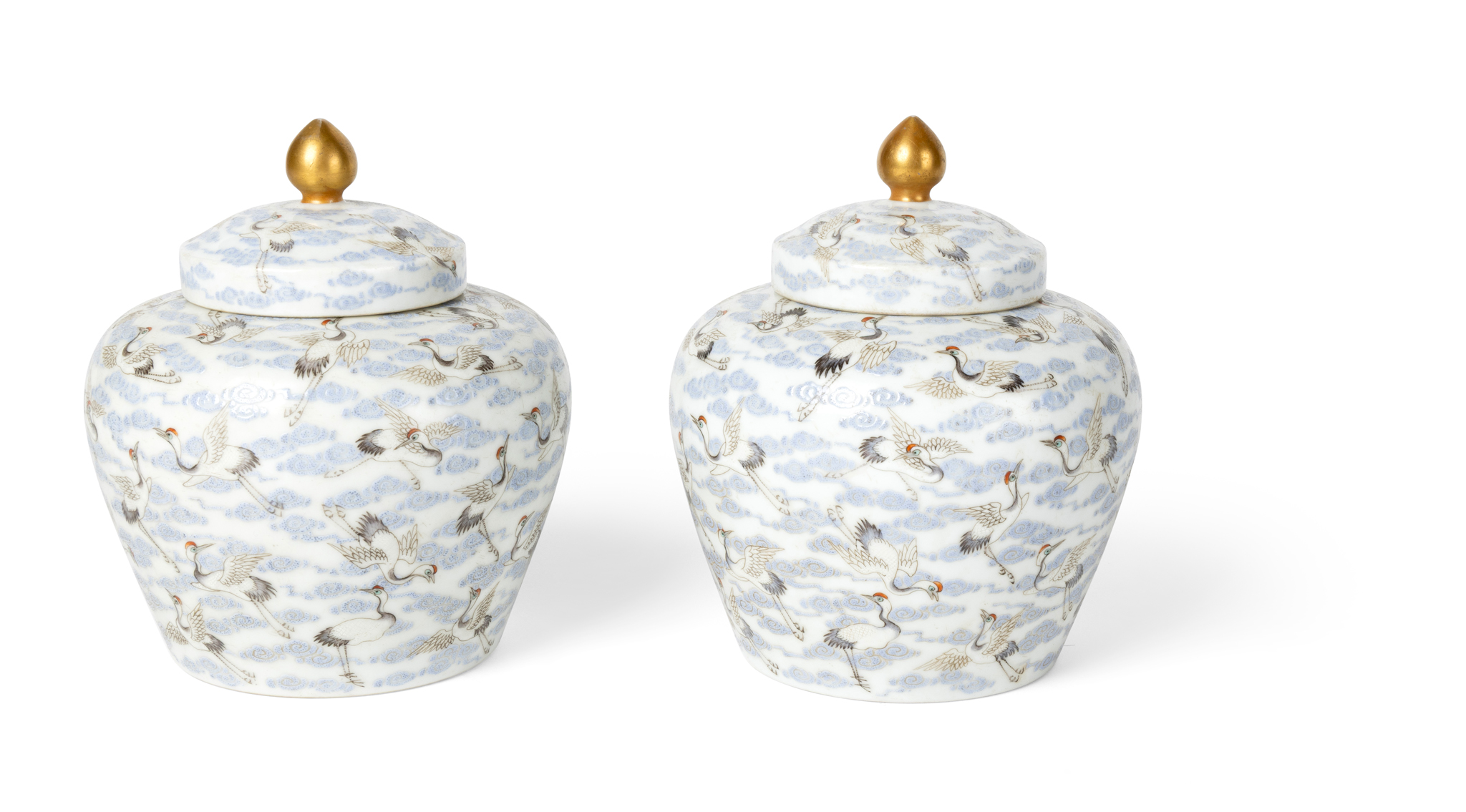 PAIR OF CHINESE FAMILLE ROSE 'CRANE' JARS WITH LIDS