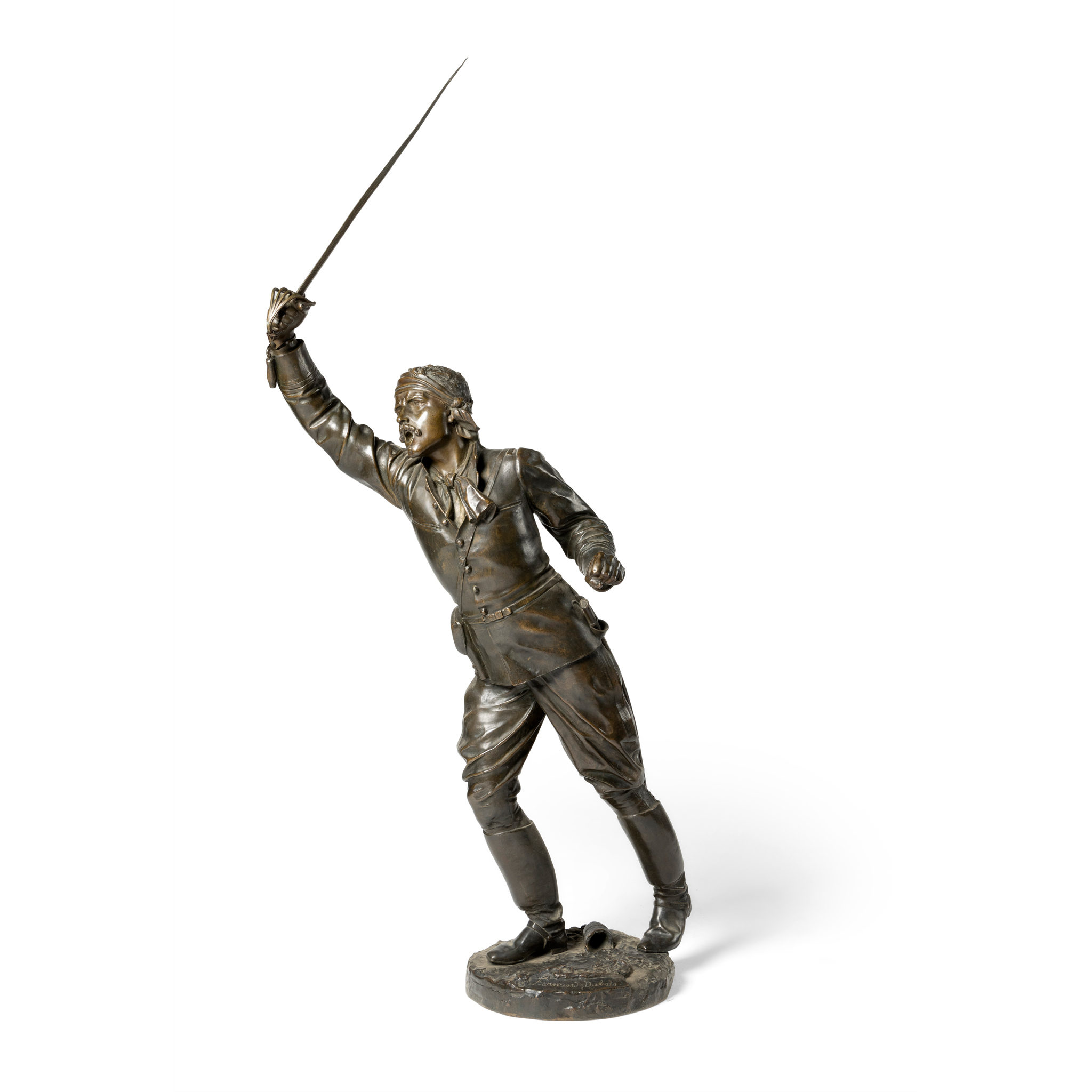 A LARGE BRONZE FIGURE OF AN INJURED FRENCH INFANTRY OFFICER, EMILE FERNAND DUBOIS (BELGIAN 1869 - 1952)