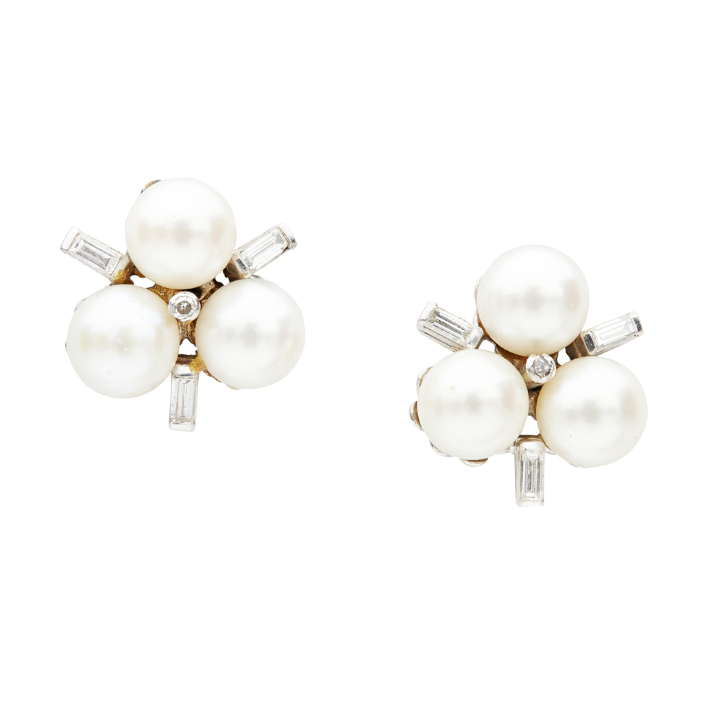 A pair of cultured pearl and diamond set cluster earrings