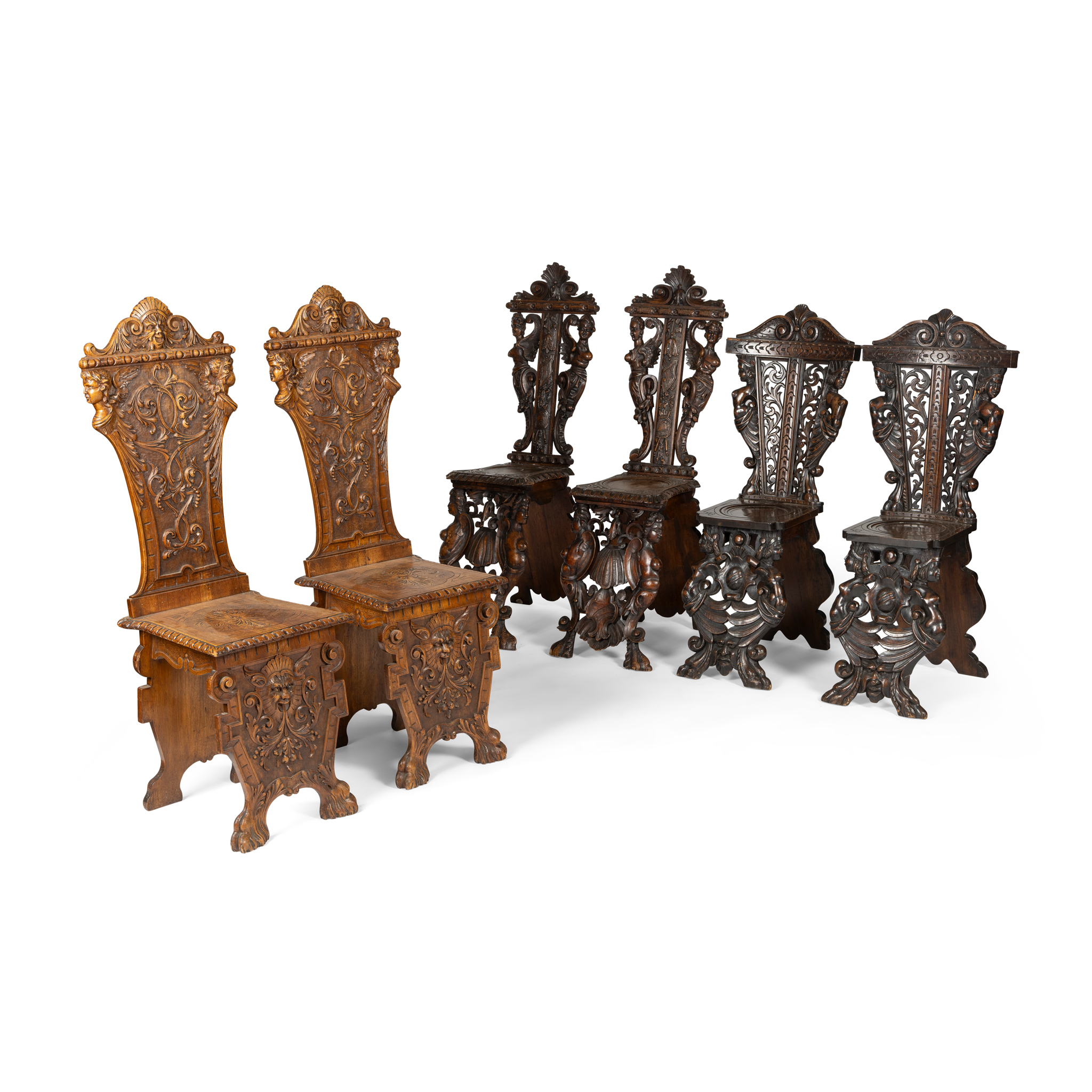 A PAIR OF ITALIAN WALNUT SGABELLO HALL CHAIRS